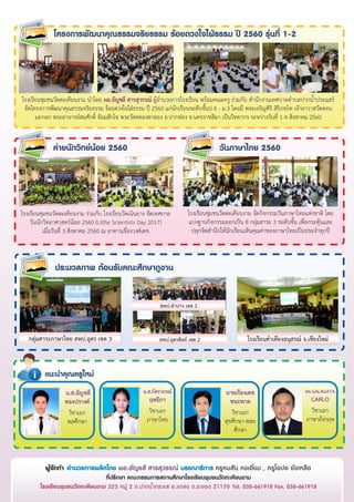 ผู้จัดทา อานวยการผลิตโดย ผอ.อัญชลี สารสุวรรณ์ บรรณาธิการ ครูคมสัน คงเอี่ยม , ครูโอปอ ยังเหลือ
ที่ปรึกษา คณะกรรมการสถานศึกษาโรงเรียนชุมชนวัดตะเคียนงาม
โรงเรียนชุมชนวัดตะเคียนงาม 223 หมู่ 2 ต.ปากน้ากระแส อ.แกลง จ.ระยอง 21170 Tel. 038-661918 Fax. 038-661918
ค่ายนักวิทย์น้อย 2560 วันภาษาไทย 2560
โรงเรียนชุมชนวัดตะเคียนงำม ร่วมกับ โรงเรียนวัดเนินยำง จัดเทศกำล
วันนักวิทยำศำสตร์น้อย 2560 (Little Scientists Day 2017)
เมื่อวันที่ 3 สิงหำคม 2560 ณ อำคำรเขื่องวงศ์เดช
โรงเรียนชุมชนวัดตะเคียนงำม จัดกิจกรรมวันภำษำไทยแห่งชำติ โดย
แบ่งฐำนกิจกรรมออกเป็น 8 กลุ่มสำระ 3 ระดับชั้น เพื่อกระตุ้นและ
ปลุกจิตสำนึกให้นักเรียนเห็นคุณค่ำของภำษำไทยเป็นประจำทุกปี
โครงการพัฒนาคุณธรรมจริยธรรม ร้อยดวงใจใฝ่ธรรม ปี 2560 รุ่นที่ 1-2
โรงเรียนชุมชนวัดตะเคียนงำม นำโดย ผอ.อัญชลี สารสุวรรณ์ ผู้อำนวยกำรโรงเรียน พร้อมคณะครู ร่วมกับ สำนักงำนเทศบำลตำบลปำกน้ำประแสร์
จัดโครงกำรพัฒนำคุณธรรมจริยธรรม ร้อยดวงใจใฝ่ธรรม ปี 2560 แก่นักเรียนระดับชั้นป.4 - ม.3 โดยมี พระเจริญศิริ สิริภทฺโท เจ้ำอำวำสวัดดอน
มะกอก พระอำจำรย์สมศักดิ์ ธัมมสักโข พระวัดคลองตำลอง อ.ปำกช่อง จ.นครรำชสีมำ เป็นวิทยำกร ระหว่ำงวันที่ 1-4 สิงหำคม 2560
แนะนาคุณครูใหม่
น.ส.อัญชลี
ทองปรางค์
วิชำเอก
พลศึกษำ
ประมวลภาพ ต้อนรับคณะศึกษาดูงาน
น.ส.ภัสราภรณ์
ฤทธิภา
วิชำเอก
ภำษำไทย
นายเรืองเดช
ชนะพาล
วิชำเอก
สุขศึกษำ-พละ
ศึกษำ
Mr.GALAGATA
CARLO
วิชำเอก
ภำษำอังกฤษ
กลุ่มสาระภาษาไทย สพป.อุดร เขต 3 โรงเรียนคาเทียงอนุสรณ์ จ.เชียงใหม่
สพป.ลาปาง เขต 2
สพป.อุตรดิตถ์ เขต 2
 