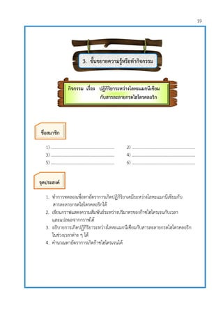 19
1) ……………………………….……….………… 2) ……………………………….……….…………
3) ……………………………….……….………… 4) ……………………………….……….…………
5) ……………………………….……….………… 6) ……………………………….……….…………
1. ทาการทดลองเพื่อหาอัตราการเกิดปฏิกิริยาเคมีระหว่างโลหะแมกนีเซียมกับ
สารละลายกรดไฮโดรคลอริกได้
2. เขียนกราฟแสดงความสัมพันธ์ระหว่างปริมาตรของก๊าซไฮโดรเจนกับเวลา
และแปลผลจากกราฟได้
3. อธิบายการเกิดปฏิกิริยาระหว่างโลหะแมกนีเซียมกับสารละลายกรดไฮโดรคลอริก
ในช่วงเวลาต่าง ๆ ได้
4. คานวณหาอัตราการเกิดก๊าซไฮโดรเจนได้
ชื่อสมาชิก
จุดประสงค์
3. ขั้นขยายความรู้หรือทากิจกรรม
กิจกรรม เรื่อง ปฏิกิริยาระหว่างโลหะแมกนีเซียม
กับสารละลายกรดไฮโดรคลอริก
 