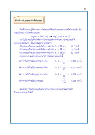 26
ก๊าซที่เกิดจากปฏิกิริยาระหว่างโลหะแมกนีเซียมกับสารละลายกรดไฮโดรคลอริก คือ
ก๊าซไฮโดรเจน ซึ่งเกิดขึ้นดังสมการ
Mg (s) + 2HCl (aq)  MgCl2 (aq) + H2 (g)
แมกนีเซียมคลอไรด์ที่เกิดขึ้นจะอยู่ในรูปของสารละลายสามารถตรวจสอบได้
โดยการระเหยให้แห้ง ซึ่งจะพบในรูปของเกลือสีขาว
ปริมาตรของก๊าซไฮโดรเจนที่เกิดขึ้นระหว่างขีด 0 - 1 ใช้เวลา 20 วินาที
ปริมาตรของก๊าซไฮโดรเจนที่เกิดขึ้นระหว่างขีด 5 - 6 ใช้เวลา 25 วินาที
ปริมาตรของก๊าซไฮโดรเจนที่เกิดขึ้นระหว่างขีด 8 - 9 ใช้เวลา 52 วินาที
ถ้าต้องการคานวณหาอัตราการเกิดก๊าซไฮโดรเจนจะได้ดังนี้
อัตราการเกิดก๊าซไฮโดรเจนระหว่างขีด 0 – 1 =
1
= 0.050 cm3
/s
20
อัตราการเกิดก๊าซไฮโดรเจนระหว่างขีด 5 – 6 =
1
= 0.040 cm3
/s
25
อัตราการเกิดก๊าซไฮโดรเจนระหว่างขีด 8 – 9 =
1
= 0.019 cm3
/s
52
อัตราการเกิดก๊าซไฮโดรเจนเฉลี่ย =
9
= 0.035 cm3
/s
256
เมื่อเขียนกราฟแสดงความสัมพันธ์ระหว่างปริมาตรก๊าซไฮโดรเจนกับเวลา
ลักษณะของกราฟเป็นดังนี้
ตัวอย่างอภิปรายผลการทากิจกรรม
 