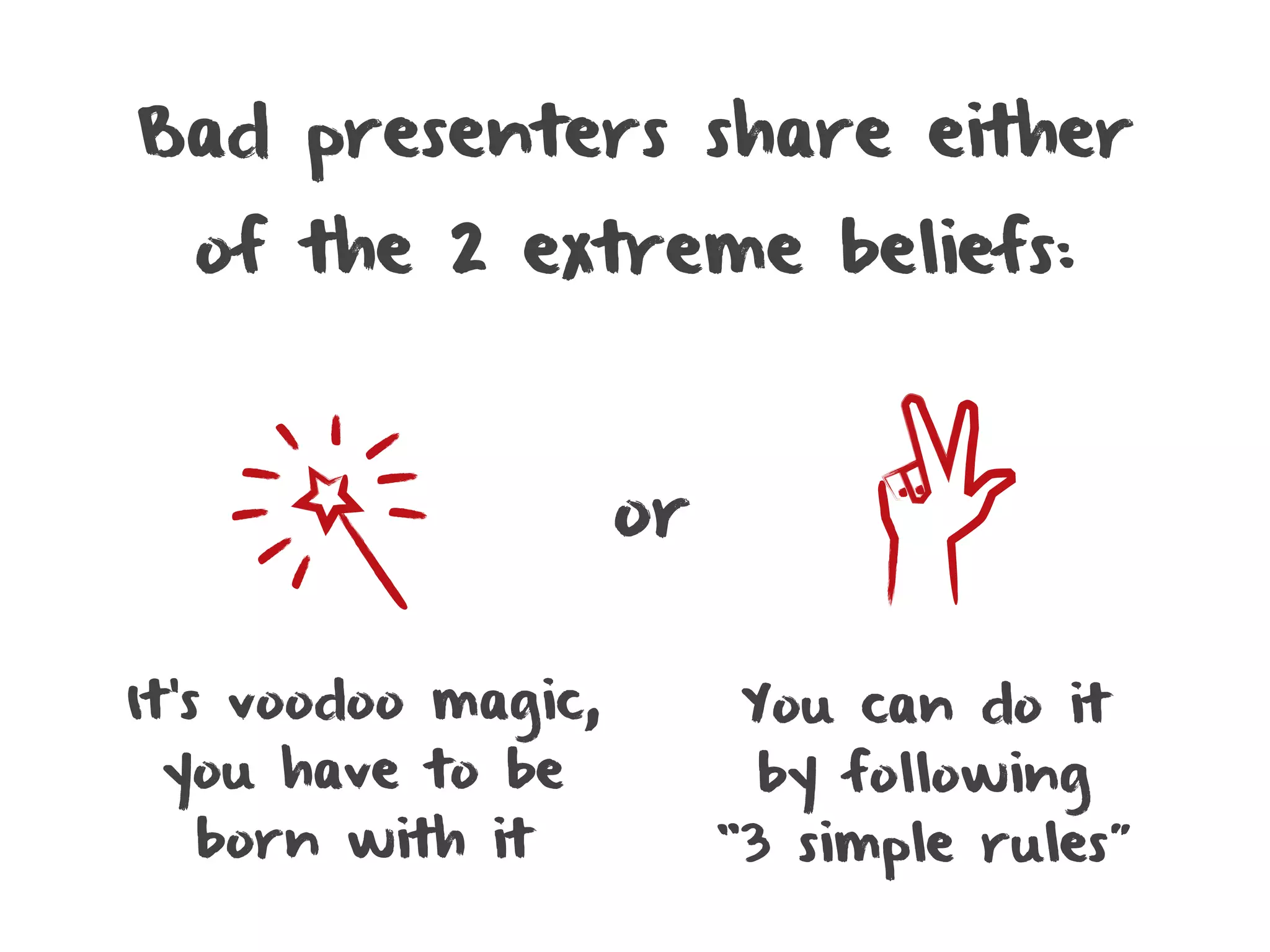 Bad presenters share either
  of the 2 extreme beliefs:



                     or


It’s voodoo magic,        You can do it
 you have to be            by following
  born with it            “3 simple rules”
 