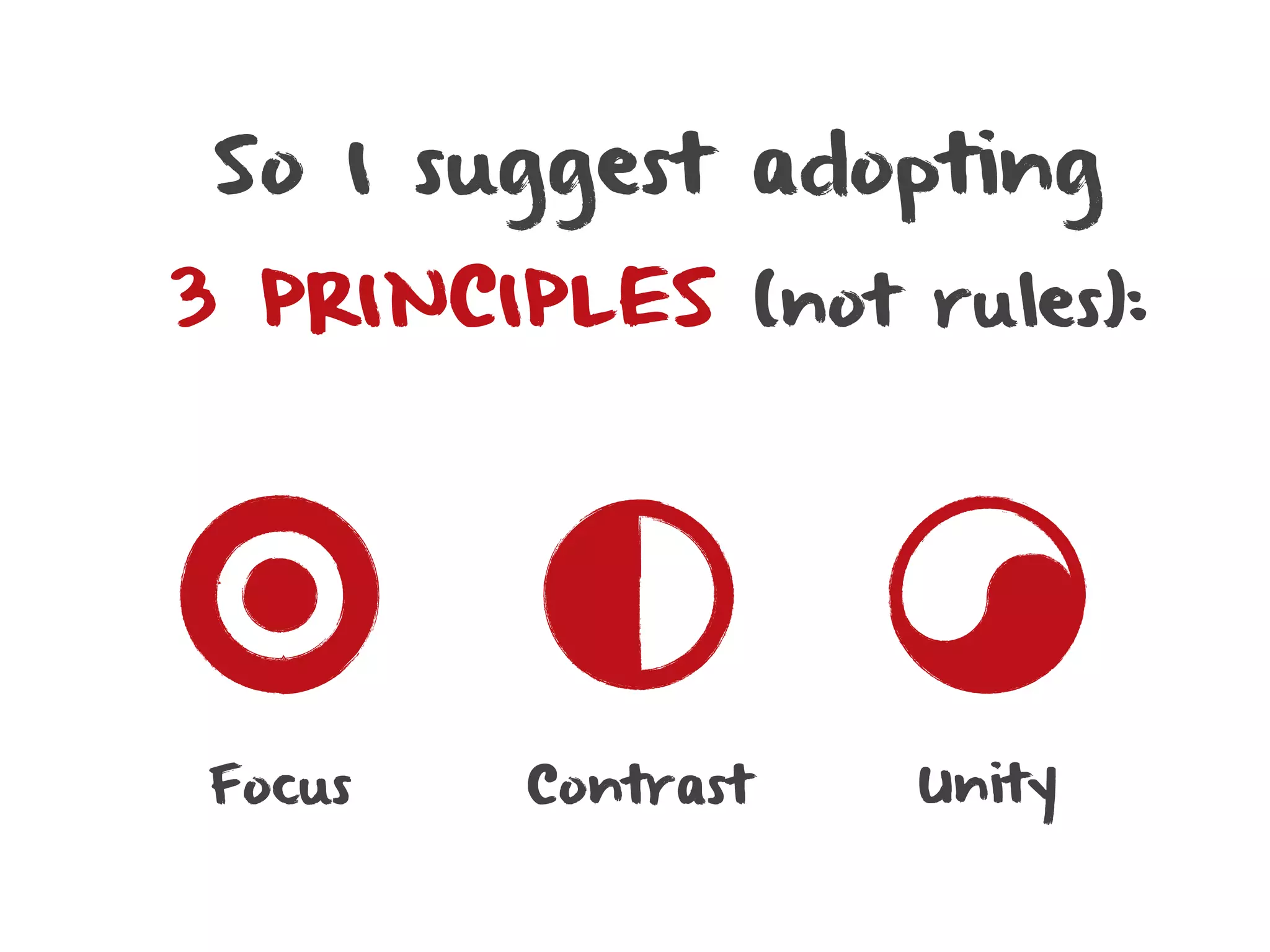 So I suggest adopting
3 PRINCIPLES (not rules):




Focus    Contrast   Unity
 