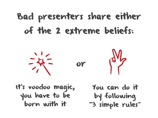 Bad presenters share either
  of the 2 extreme beliefs:



                     or


It’s voodoo magic,        You can do it
 you have to be            by following
  born with it            “3 simple rules”
 