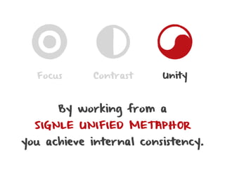 Focus      Contrast    Unity



      By working from a
  SINGLE UNIFIED METAPHOR
you achieve internal consistency.
 