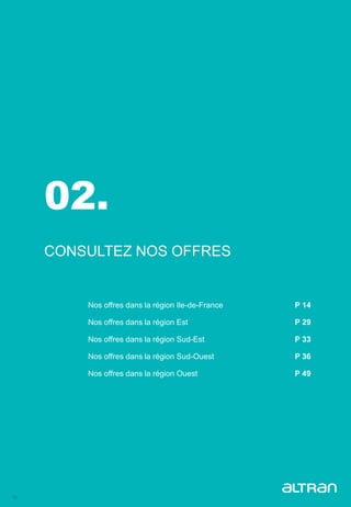13
02.
CONSULTEZ NOS OFFRES
Nos offres dans la région Ile-de-France P 14
Nos offres dans la région Est P 29
Nos offres dans la région Sud-Est P 33
Nos offres dans la région Sud-Ouest P 36
Nos offres dans la région Ouest P 49
 