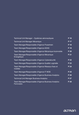 15
Technical Unit Manager – Systèmes aéronautiques P 16
Technical Unit Manager Mécanique P 17
Team Manager/Responsable d’Agence Powertrain P 18
Team Manager/Responsable d’Agence ADAS P 19
Team Manager/Responsable d’Agence Mécanique Automobile P 20
Team Manager/Responsable d’Agence Mécanique
Energetique
P 21
Team Manager/Responsable d’Agence Cybersécurité P 22
Team Manager/Responsable d’Agence Qualité Logicielle P 23
Team Manager/Responsable d’Agence Réseaux fixes et
mobiles
P 24
Team Manager/Responsable d’Agence IT MOE P 25
Team Manager/Responsable d’Agence Business Analytics P 26
Technical Unit Manager Business Analytics P 27
Team Manager/Responsable d’Agence Business Analytics
Ferroviaire
P 28
 