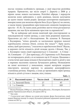 192
постає головна особливість громади, у якої відсутня релігійна
ієрархія. Прикметно, що після смерті І.  Деркача у 2008  р. у
вірних немає нового наставника. Релігійні обряди, і передусім
молитви вони здійснюють у своїх домівках, інколи залучаючи
до цього інших членів родин. Громади категорично відкидають
використання для молитов образів Бога (Ісуса Христа) чи святих,
а також інших традиційних християнських символів (наприклад
хрестів – Н. В.). За таких умов, релігійне життя чітко регламентує
щоденне, яке має бути наповнене простою та скромністю12
.
Чи не найкраще цей вплив помітний при спостереженні за
повсякденністю членів громад, а саме їхніх родинних відносин.
Практично усі сім’ї є багатодітними. Як зазначає В.  Рашидов
з Космирина, “жінки громади за настановою пророка повинні
народжувати стільки дітей, скільки Бог пошле”13
. Крім цього,
жінка, щоб урятуватись, “спасається народженням дітей”. Відтак,
в окремих сім’ях кількість дітей складає десять і більше. Так, у
с. Космирин таких сімей нараховується 5, Соколові – 4, Стінці –
16, Сновидові – 214
. Для прикладу, у В. Скрипника та В. Рашидова
по чотирнадцять дітей, а в останнього ще й 33 внуки. Цікавими є
статистичні дані щодо кількості багатодітних сімей та дітей у них
в окремих населених пунктах Бучацького району. Незважаючи
на певні неточності у показниках, надані матеріали яскраво
ілюструють загальну картину та динаміку демографічного
становища регіону. Зокрема, у селах де проживають вірні громад
кількість дітей суттєво є вищою, ніж у інших:
Табл. 1.
№ Населений пункт Число сімей Кількість дітей
1. с. Золотий Потік 27 97
2. с. Соколів 23 103
12
	 ВасильРашидов,(1966 р.н.),записавНазар Васьків,с. Космирин,Бучацького
району Тернопільської області, 26 серпня 2017 р.
13
	 Там само.
14
	 Статистичні дані зібрано на основі реєстрових форм багатодітних сімей
надані Відділом молоді та спорту Бучацької районної державної адміністрації
станом на 2017 р.
 