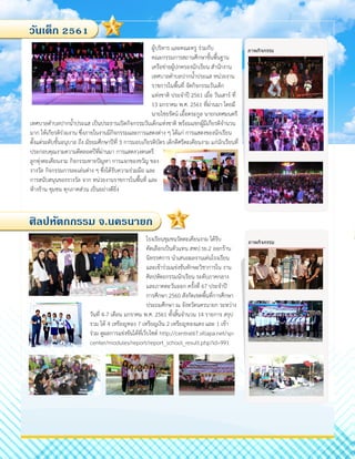 โรงเรียนชุมชนวัดตะเคียนงาม ได้รับ
คัดเลือกเป็นตัวแทน สพป.รย.2 ออกร้าน
นิทรรศการ นาเสนอผลงานเด่นโรงเรียน
และเข้าร่วมแข่งขันทักษะวิชาการใน งาน
ศิลปหัตถกรรมนักเรียน ระดับภาคกลาง
และภาคตะวันออก ครั้งที่ 67 ประจาปี
การศึกษา 2560 สังกัดเขตพื้นที่การศึกษา
ประถมศึกษา ณ จังหวัดนครนายก ระหว่าง
วันที่ 4-7 เดือน มกราคม พ.ศ. 2561 ทั้งสิ้นจานวน 14 รายการ สรุป
รวม ได้ 4 เหรียญทอง 7 เหรียญเงิน 2 เหรียญทองแดง และ 1 เข้า
ร่วม ดูผลการแข่งขันได้ที่เว็บไซต์ http://central67.sillapa.net/sp-
center/modules/report/report_school_result.php?id=991
วันเด็ก 2561
ผู้บริหาร และคณะครู ร่วมกับ
คณะกรรมการสถานศึกษาขั้นพื้นฐาน
เครือข่ายผู้ปกครองนักเรียน สานักงาน
เทศบาลตาบลปากน้าประแส หน่วยงาน
ราชการในพื้นที่ จัดกิจกรรมวันเด็ก
แห่งชาติ ประจาปี 2561 เมื่อ วันเสาร์ ที่
13 มกราคม พ.ศ. 2561 ที่ผ่านมา โดยมี
นายไชยรัตน์ เอื้อตระกูล นายกเทศมนตรี
เทศบาลตาบลปากน้าประแส เป็นประธานเปิดกิจกรรมวันเด็กแห่งชาติ พร้อมแขกผู้มีเกียรติจานวน
มาก ให้เกียรติร่วมงาน ซึ่งภายในงานมีกิจกรรมและการแสดงต่าง ๆ ได้แก่ การแสดงของนักเรียน
ตั้งแต่ระดับชั้นอนุบาล ถึง มัธยมศึกษาปีที่ 3 การมอบเกียรติบัตร เด็กดีศรีตะเคียนงาม แก่นักเรียนที่
ประกอบคุณงามความดีตลอดปีที่ผ่านมา การแสดงวงดนตรี
ลูกทุ่งตะเคียนงาม กิจกรรมทายปัญหา การแจกของขวัญ ของ
รางวัล กิจกรรมการละเล่นต่าง ๆ ซึ่งได้รับความร่วมมือ และ
การสนับสนุนของรางวัล จาก หน่วยงานราชการในพื้นที่ และ
ห้างร้าน ชุมชน ทุกภาคส่วน เป็นอย่างดียิ่ง
ศิลปหัตถกรรม จ.นครนายก
ภาพกิจกรรม
เรื่องนี้มีความยาวประมาณ 75-125 คา
ภาพกิจกรรม
 