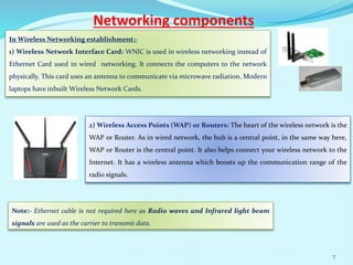 Networking components
In Wireless Networking establishment:-
1) Wireless Network Interface Card: WNIC is used in wireless networking instead of
Ethernet Card used in wired networking. It connects the computers to the network
physically. This card uses an antenna to communicate via microwave radiation. Modern
laptops have inbuilt Wireless Network Cards.
2) Wireless Access Points (WAP) or Routers: The heart of the wireless network is the
WAP or Router. As in wired network, the hub is a central point, in the same way here,
WAP or Router is the central point. It also helps connect your wireless network to the
Internet. It has a wireless antenna which boosts up the communication range of the
radio signals.
Note:- Ethernet cable is not required here as Radio waves and Infrared light beam
signals are used as the carrier to transmit data.
7
 