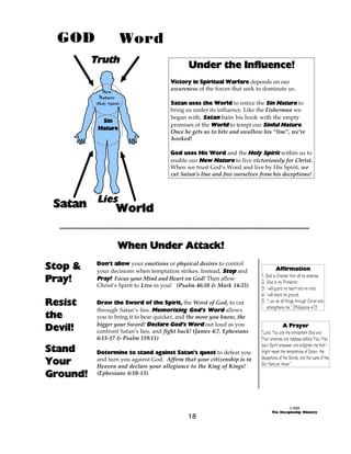 GOD

Word

Truth

Under the Influence!
Victory in Spiritual Warfare depends on our
awareness of the forces that seek to dominate us.

New
Nature
(Holy Spirit)

Sin
Nature

Satan uses the World to entice the Sin Nature to
bring us under its influence. Like the Fisherman we
began with, Satan baits his hook with the empty
promises of the World to tempt our Sinful Nature.
Once he gets us to bite and swallow his “line”, we’re
hooked!
God uses His Word and the Holy Spirit within us to
enable our New Nature to live victoriously for Christ.
When we trust God’s Word and live by His Spirit, we
cut Satan’s line and free ourselves from his deceptions!

Satan LiesWorld
When Under Attack!
Stop &
Pray!
Resist
the
Devil!
Stand
Your
Ground!

Don’t allow your emotions or physical desires to control
your decisions when temptation strikes. Instead, Stop and
Pray! Focus your Mind and Heart on God! Then allow
Christ’s Spirit to Live in you! (Psalm 46:10 & Mark 14:33)
Draw the Sword of the Spirit, the Word of God, to cut
through Satan’s lies. Memorizing God’s Word allows
you to bring it to bear quicker, and the more you know, the
bigger your Sword! Declare God’s Word out loud as you
confront Satan’s lies, and fight back! (James 4:7, Ephesians
6:13-17 & Psalm 119:11)
Determine to stand against Satan’s quest to defeat you
and turn you against God. Affirm that your citizenship is in
Heaven and declare your allegiance to the King of Kings!
(Ephesians 6:10-13)

18

Affirmation
1. God is Greater than all my enemies.
2. God is my Protector.
3. I will guard my heart and my mind.
4. I will stand my ground.
5. “I can do all things through Christ who
strengthens me.” (Philippians 4:13
A Prayer
“Lord, You are the omnipotent God and
Your enemies are helpless before You! May
your Spirit empower and enlighten me that I
might resist the temptations of Satan, the
deceptions of the World, and the lusts of the
Sin Nature! Amen”

© 2000
The Discipleship Ministry

 