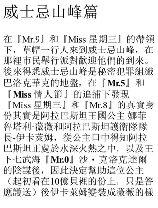 威士忌山峰篇
在『Mr.9』和『Miss 星期三』的帶領
下，草帽一行人來到威士忌山峰，在
那裡市民舉行派對歡迎他們的到來。
後來得悉威士忌山峰是秘密犯罪組織
巴洛克華克的地盤，在『Mr.5』和
『Miss 情人節』的追捕下發現
『Miss 星期三』和『Mr.8』的真實身
份其實是阿拉巴斯坦王國公主 娜菲
魯塔利·薇薇和阿拉巴斯坦護衛隊隊
長-伊卡萊姆，從公主口中得知阿拉
巴斯坦正處於水深火熱之中，以及王
下七武海『Mr.0』沙‧克洛克達爾
的陰謀後，因此決定幫助這位公主
（起初看在10億貝裡的份上，只是答
應護送）後伊卡萊姆變裝成薇薇的樣
 