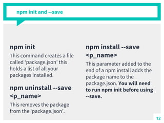 npm init
This command creates a file
called ‘package.json’ this
holds a list of all your
packages installed.
npm install --save
<p_name>
This parameter added to the
end of a npm install adds the
package name to the
package.json. You will need
to run npm init before using
--save.
npm init and --save
npm uninstall --save
<p_name>
This removes the package
from the ‘package.json’.
12
 
