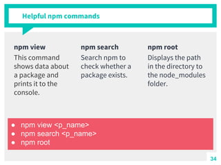 Helpful npm commands
npm view
This command
shows data about
a package and
prints it to the
console.
npm search
Search npm to
check whether a
package exists.
npm root
Displays the path
in the directory to
the node_modules
folder.
● npm view <p_name>
● npm search <p_name>
● npm root
34
 