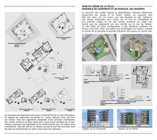 ...............................................................                  MIse en ABîMe de LA vILLe . . . . . . . . . . . . . . . . . . . . . . . . . . . . . . .
                                                                                 enseMBLe de LoGeMenTs eT de BUreAUx, zAc MAssénA
                                                                                 La parcelle est visible depuis la Bibliothèque François Mitterrand
                                                                                 puisqu’elle est située à un angle majeur du quartier. Son
                                                                                 bâti est donc mit en valeur par ses façades et ses hauteurs.
                                                                                 Les locaux d’activités sont situés sur la rue du Chevaleret et
                                                                                 son premier niveau et ont leur entrée privative sur cette rue,
                                                                                 tandis que les logements ont leur entrée sur la rue de Tolbiac.
                                                                                 Un des défis de cette configuration a été d’éclairer suffisant les
                                                                                 locaux d’activité. Ainsi une vaste cour aménagée d’un bassin marque
                                                                                 le centre de la parcelle et permet d’éclairer les locaux en contre bas.




Ce complexe de logement et de locaux d’activité forme un tout homogène.
Le plateau de logements est divisé en 3 plots distincts dont une tour
sur pilotis. Tous les logements disposent d’une terrasse individuelle,
d’un jardin commun et deux plots sont munis d’une terrasse sur le toit.
Chaque logement est traversant et la moitié d’entre eux ont même trois
orientations. Tout est relié en un centre, qui est la cour des activités, dont
les toits se transforment en jardin privé pour les habitants.                    Façade rue du Chevaleret                     Façade rue de Tolbiac

......................................................................................................................
 