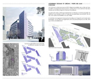 légende


...............................................................                                                                                                              logements sOCIAUx eT CrèCHe / POrTe des LILAs . . . . . . . . . . . . .
                                                                                                                                                                                                                               logements jeunes travailleurs

                                                                                                                                                                       LOGeMeNTs travailleurs migrants
                                                                                                                                                                       CONCOUrs communs
                                                                                                                                                                             locaux
                                                                                                                                                                             crèche


                                                                                                                                                                       Ce concours a été lancé par la RIVP, Règle Immobilière de la Ville de Paris,
                                                                                                                                                                       en 2009. Le programme est le suivant: construction d’une crèche et de deux
                                                                                                                                                                       résidences sociales (migrants et jeunes travailleurs).                                                                                                                                                                                                                                                                 jeun


                                                                                                                                                                       Le parti prit choisi a été de programmer la crèche au rez-de-chaussée du
                                                                                                                                                                       bâtiment, de manière à offrir un cadre de vie spécifique aux enfants. De ce
                                                                                                                                                                       fait, une vaste et ensoleillée cour est créée.

                                                                                                                                                                       A contrario, les logements des jeunes travailleurs et migrants sont situés dans
                                                                                                                                                                       les étages, ce qui offre aux logements une vue panoramique sur la ville, ainsi
                                                                                                                                                                       qu’un bon ensoleillement.
                                                                                                                                                                                                                                                                                                                                                                                                                    cour de la crèche                                    0 1 2   5   10 m
                                                                                                                                                                                               élévation sud                                                                                Rue Paul Meurice                                                                                     parcelle voisine                                 échelle 1/200e
                                                                                                                                                                                                                                                                                                                                                                                                                                                                         0 1 2   5     10 m




                                                                                                                                                                                                      114.17




                                                                                                                                                                                                                                                                                                                                                                                                                                                                                              trav

                                                                                                                                                                                                                                                                                                                                                                                                                                                                                              plan
                                                                                                                                                                                                                                                                                                                                                                                                                                                                                              éche




                                                                                                                                                                                                                                                                                                                                                                                                                                                  115.43




                                                                                                                                                                                                                                                                                                 115.32




                                                                Suivant la géométrie de sa parcelle,
                                                                      le bâtiment se plie et se replie
                                                                                       Suivant la géométrie de sa parcelle,
                                                                                                 le bâtiment se plie et se déplie
                                                                                                                                                                                                                                                  140.45   R+9




                                                                                                                                                                              Plan de rez-de-chaussée
                                                                                                                                                                                                 R+8



                                                                                                                                                                                                 R+7
                                                                                                                                                                                                        137.70



                                                                                                                                                                                                        134.95
                                                                                                                                                                                                                                                  137.70



                                                                                                                                                                                                                                                  134.95
                                                                                                                                                                                                                                                            R+8



                                                                                                                                                                                                                                                            R+7
                                                                                                                                                                                                                                                                                                                                                                                            plan à rez-de-chaussée                      échelle 1/200e
                                                                                                                                                                                                                                                                                                                                                                                                                                                           0 1 2

                                                                                                                                                                                                                                                                                                                                                                                                                                                           0 1 2
                                                                                                                                                                                                                                                                                                                                                                                                                                                                   5

                                                                                                                                                                                                                                                                                                                                                                                                                                                                   5
                                                                                                                                                                                                                                                                                                                                                                                                                                                                        10 m

                                                                                                                                                                                                                                                                                                                                                                                                                                                                          10 m
                                                                                                                                                                                                 R+6    132.20                                    132.20    R+6

                                                                                                                                                                                                                       cour des logements




                                                                                                                                                                                                            Porte des Lilas - Lot C1A                                                                                                                                                                                                                                  Construction d'
                                                                                                                                                                                                 R+5    129.45                                    129.45    R+5



                                                                                                                                                                                                 R+4    126.70                                    126.70    R+4



                                                                                                                                                                                                 R+3    123.95                                    123.95    R+3




                                                                                     Suivant la géométrie de sa parcelle,                                                                        R+2    121.20                                    121.20    R+2


                                                                                                                                                                                                                                                       salle polyvalente




                                                                                               le bâtiment se plie et se déplie
                                                                                                                                                                                                 R+1    118.65                                    118.45    R+1                                                                          140.45    R+9


                                         plan du 5ème étage                                                                                                                     115.15
                                                                                                                                                                                         local vélo                    locaux service
                                                                                                                                                                                                                           crèche
                                                                                                                                                                                                                                            RdC   115.20
                                                                                                                                                                                                                                                           locaux service
                                                                                                                                                                                                                                                               crèche

                                                                                                                                                                                                                                                                                       R+8   137.70                                      137.70    R+8
                                                                                                                                                         rue Paul Meurice                                                                                                           avenue du Docteur Gley
                                                                                                                                                                                                                                                                                       R+7   134.95                                      134.95    R+7
                                                                                                                                                                                                                                                                                                0 1 2     5        10 m
                                                                                                                                    coupe transversale                                                                                                                  échelle 1/200e
                                                                                                                                                                                                                                                                                       R+6   132.201 2
                                                                                                                                                                                                                                                                                                0         5            10 m              132.20    R+6

                                                                                                                                                                                                                                                                                                              cour des logements

                                                                                                                                                                                                                                                                                       R+5   129.45                                      129.45    R+5



                                                                                                                                                                                                                                                                                       R+4   126.70                                      126.70    R+4
                                                                                                                                                    circulation horizontale
                                                                                                                                                    éclairée naturellement
                                                                                                                                                           3,10                                                                                                                        R+3   123.95                                      123.95    R+3



                                                                                                                                                                                                                                                                                       R+2   121.20                                      121.20    R+2
                                                                                                                                              1,2


                                                                                                                                                                                                                                                                                                                                              salle polyvalente
                                                                                                                                                                                                                                                                                       R+1   118.65                                      118.45    R+1



                    plan du 5ème étage                                                                                                                                                                                                             R+9
                                                                                                                                                                                                                                                               115.15
                                                                                                                                                                                                                                                                               local vélo                     locaux service
                                                                                                                                                                                                                                                                                                                  crèche
                                                                                                                                                                                                                                                                                                                                   RdC   115.20
                                                                                                                                                                                                                                                                                                                                                  locaux service
                                                                                                                                                                                                                                                                                                                                                      crèche




                                                                                                                                                                                                                 rue Paul Meurice                                                                                                                                       avenue du Docteur Gley
                                         plan étage courant                                                                                     1,5




                                                                                                                                                                                                                                                                                                                                                                                0 1 2   5      10 m
                                                                                                                                              1,2
                                                                                                                                                                              coupe transversale                                                                                                                                                               échelle 1/200e
                                                                                                                                                                                                                                                                                                                                                                                0 1 2   5        10 m




                                                                                                                                                                                                                                                   R+8


                                                                                                                                                                                                            circulation horizontale
                                                                                                                                                                                                            éclairée naturellement
                                                                                                                                                                                                                   3,10




                                                                                                                                                                                                      1,2




                                                                                                                                                                                                                                                   R+7
                                         plan du 1er étage
                                                                                                                                                                                                                                                                                                                                          R+9


                                         légende
                    plan étage courant                                                                                                                                                                  1,5

                                                   logements jeunes travailleurs
                                                   logements travailleurs migrants

                                                   locaux communs                                                                                                                                                                                  R+6
                                                                                                                                                                                                      1,2
                                                   crèche




......................................................................................................................
                                                                                                                                                               ...............................................................
                                                                                                                                                                                                                                                                                                                                          R+8
                                                                                                                                    jeunes travailleurs


                                                                                                                                                                                                                                                   R+5


                                                                                                                                             circulation horizontale
                                                                                                                                             éclairée naturellement
                                                                                                                                                            3,1
 