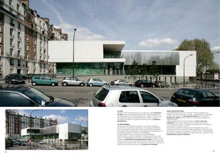 LE SITE                                                                 PARTI ARCHITECTURAL
     Au sud du 16e arrondissement, le terrain est situé en bordure           Le fonctionnement est ultra rationnel. Chaque façade tire le
     de Seine dans une bande d’îlots affectés à des équipements à            meilleur des caractéristiques du site : en atténuer les contraintes
     vocation sportive. Si le site bénéficie de « la vue », il subit aussi   et mettre en valeur les vues exceptionnelles offertes par les
     les nuisances sonores occasionnées par le trafic routier du             berges de la Seine où voir et être vu sont les deux scènes d’un
     quai Saint-Exupéry et la présence toute proche du boulevard             même spectacle.
     périphérique.                                                           Chaque espace est orienté de manière à voir la ville sans
                                                                             l’entendre et joue des transparences et reflets qui font de
     LE PROGRAMME                                                            l’environnement urbain un matériau architectural au même titre
     Conçu pour les habitants du quartier, le centre d’animation             que le béton, le métal ou le verre.
     se compose d’une salle de spectacle, d’un espace d’exposition           Suspendus à quelques mètres du sol et drappés d’inox, les
     et d’un ensemble de salles destinées à des activités physiques,         vestiaires forment une surface réfléchissante qui évolue au fil de
     musicales et d’arts plastiques. Cet ensemble est complété par un        la journée et au gré de la lumière. Cet effet “miroir” dématérialise
     boulodrome extérieur (4 terrains homologués).                           le volume et insuffle au bâtiment un dynamisme qui contribue à son
     Chaque élément devait posséder ses caractéristiques                     identification proche et lointaine.
     fonctionnelles propres et cohabiter harmonieusement avec les
     autres. Compte tenu de sa situation, le bâtiment se devait d’être
     clairement identifiable comme équipement public et avoir un rôle
     structurant sur son environnement tout en renforçant l’échappée
     visuelle vers la Seine. Enfin, cet espace de rencontre, ouvert sur le
     quartier, devait être chaleureux et propice aux échanges.



                                                                                                                                                49
48
 