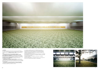 LE PROJET                                                              Les relations spatiales entre les trois éléments principaux
Le terrain accueillant le centre de tir à l’arc de Chennevières-       du programme sont afﬁrmées par un jeu de relations visuelles.
sur-Marne est situé dans une zone de faible densité. La végétation     Dictée par les contraintes budgétaires, la grande sobriété du
confère au site une ambiance de parc urbain entretenue par le          traitement des façades exprime aussi les idées de netteté et de
projet.                                                                précision attachées au tir à l’arc.
Celui-ci s’articule autour de trois options majeures :                 Les enveloppes extérieures sont vitrées toute hauteur ou habillées
-Le traitement du terrain d’entraînement extérieur comme               de bardage lisse. Les façades et le traitement intérieur de la halle
partie intégrante du bâtiment. Son implantation dans le terrain        de tir sont monochromes.
est justiﬁée par la nécessité d’orienter le pas de tir et les cibles   La halle est éclairée naturellement au Nord par un système
extérieures au Nord. Les aménagements extérieurs et notamment          de sheds en toiture.
une butte de terre végétalisée sont dessinés comme une                 Le mur de cibles intègre un éclairage renforcé. Les panneaux de
prolongation du bâtiment.                                              Stramit sont aisément démontables et remplaçables.
- L’implantation du bâtiment dans les arbres. La construction
s’efface derrière les arbres, l’aspect naturel du site est conservé.
Les bureaux, vitrés toute hauteur, bénéﬁcient d’une vue privilégiée
dans les arbres.
- Le traitement d’une grande façade sur l’avenue Champlain.
L’ensemble formé par les bureaux et services est traité comme
une ligne qui signale les activités du centre.




56                                                                                                                                            57
 