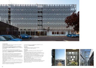 LE PROGRAMME
Le maître d’ouvrage GDF SUEZ est propriétaire de l’ensemble           Le projet porte donc sur la réhabilitation du Bâtiment A, et se
immobilier du site de Dijon (21000).                                  décompose en 2 phases distinctes :
Construit depuis 1973, GDF SUEZ a entrepris une réﬂexion
globale sur le site et a décidé de pérenniser cet actif immobilier    1ère Phase :
par la rénovation complète du Bâtiment A après avoir réalisé son      -Désamiantage de l’ensemble du bâtiment existant
désamiantage.                                                         -Remplacement des châssis extérieurs

Par ailleurs GDF Suez a décidé de mettre son bâtiment en              2éme Phase :
conformité avec la RT 2012 et de viser la labellisation « bâtiment     -Réhabilitation des plateaux en bureaux, salles de réunion et
tertiaire BBC » en augmentant les performances énergétiques du        sanitaires
bâtiment grâce aux éléments suivants :                                 -Mise en conformité du bâtiment en terme de sécurité et
                                                                      d’accessibilité des PMR, avec la création d’un escalier de secours
* Mise en place d’une Façade brise soleil photovoltaïque pour         en façade Est, et le désenfumage des 2 cages d’escalier, ainsi que
limiter l’échauffement des vitrages en façades Sud et Ouest et        la pose de châssis pompiers sur la façade Nord.
limiter de 20% les besoins en climatisation du bâtiment.               -Aﬁn d’améliorer le confort thermique des utilisateurs, création
* Mise en place d’une production photovoltaïque avec une surface      d’une Façade Brise-soleil avec du vitrage intégrant des modules
de panneaux de 790m2 en façade sud et Ouest soit une puissance        photovoltaïques en façade Sud et Ouest équipée de passerelles
totale installée 69 190 Wc pour une production électrique totale      d’entretien métalliques.
annuelle de 44 125 kWh/an                                             RDC : remplacement des châssis existants et création de 3
* Remplacement des châssis du RDC.                                    fenêtres dans la salle de réunion
* Mise en place d’une Pompe à chaleur Eau/Eau récupérée sur la        Dépose des auvents et caillebotis existants en extérieur.
nappe existante.                                                      Réaménagement des extérieurs environnants au bâtiment.,
* Récupération d’énergie par un échangeur de l’air chauffé extrait    En RDC, tous les châssis vitrés et les sas d’accès seront remplacés
en toiture.                                                           (côtés Nord et Sud) et trois ouvertures seront créées dans la
* utilisation de matériaux issus des ﬁlières recyclables (moquette,   salle de réunion côté sud.
plafonds, cloisons) et d’une domotique adaptées (détecteur de
présence et gradation des éclairages).



98                                                                                                                                          99
 