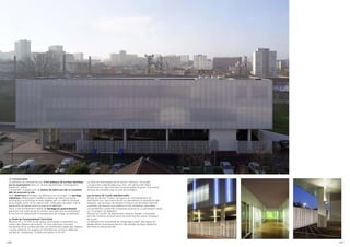 LE PROGRAMME
 Le bâtiment se caractérise par trois plateaux de surface identique    La salle de commandes est le centre “nerveux” du projet.
 qui se superposent dans un volume géométrique rectangulaire           L’ergonomie a été étudiée avec soin, les personnels étant
 passé sur pilotis.                                                    d’astreinte sur des tranches horaires assez longues. Une liaison
 L’ensemble compose avec la station de métro qui est un complexe       directe est possible avec le quai de la station.
 bâti structurant le site.
 Deux matériaux principaux se déclinent sur le projet. Un bardage      Les bureaux de l’unité opérationnelle
 métallique réﬂéchissant habille la station de métro sur toute         Situés au dernier niveau, les locaux du commandement se
 sa longueur et prolonge le talus végétal par un reﬂet à l’échelle     distribuent sur une trame de 60 cm permettant la modularité des
 de la coulée verte. En se retournant, cette peau de métal crée la     espaces. Les bureaux se situent le long d’une terrasse centrale,
 passerelle de liaison entre le quai et le bâtiment.                   couverte, qui assure une lumière et une ventilation naturelles,
 Celui-ci est entièrement habillé de bardage en polycarbonate          une protection contre les nuisances sonores et un percement visuel
 assurant une maîtrise de la lumière naturelle tout en participant     sur la largeur du bâtiment.
 à une lecture résolument contemporaine de l’image du bâtiment.        Associé au couloir de distribution situé en façade, l’ensemble
                                                                       est très lumineux et favorise la vie d’entreprise autour d’espace
 Le Poste de Commandement Centralisé                                   de fusion.
 Situé au R+1, le PCC et ses locaux techniques s’implantent au         Le bâtiment est constitutif de l’éclairage urbain: des lignes de
 niveau des réseaux de la ligne. Un faux-plancher couvrant             diodes électroluminescentes ont été placées de façon aléatoire
 l’ensemble de la surface permet une distribution aisée des réseaux.   derrière le polycarbonate.
 L’accès alimente un espace qui distribue les services (détente,
 sanitaires, vestiaires), la salle simulateur et le PCC.



106                                                                                                                                         107
 