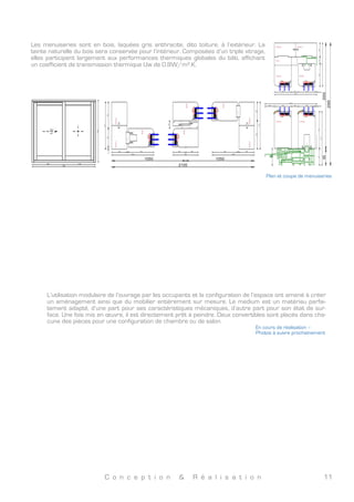 C o n c e p t i o n & R é a l i s a t i o n 11
1
2
3
101112
4
5
6
7
9
8
1314151617181920
2223
24
25
29
28
26
27
3031
21
Plan de charpente
Numérotation pièces
Plan exe de charpente
	
  
Plan exe de charpente
Le choix sur la toiture s’est porté vers un mono-pan de faible pente, afin de bien se marier avec les proportions
du bâtiment. Elle sera recouverte de zinc couleur anthracite. Des débords de toit sont prévus au droit des fa-
çades comprenant le plus de vitrages. Ceux-ci contribuent à la thermique du bâtiment.
La charpente traditionnelle est constituée de chevrons ainsi que de rives porteurs. Un arbalétrier permet de
soutenir mécaniquement les débords de toiture répartis sur deux plans différents. L’isolation est répartie entre
les éléments structurels. Comme dans le cas de l’ossature, un doublage intérieur crée une rupture des ponts
thermiques.
Plans d'étage 1:5011/02/13
SCI Duinelijn
7 impasse des pluviers
85470 BRETIGNOLLES SUR MER
Ref.
01032012
Emmanuel Cloutour
2,10
2,00
0,630,632,10
2,00
0,63 1,10 0,58 2,00
0,90
0,58 0,16
0,50 3,16 0,76
2,80
2,940,28
2,60
0,50 0,64 0,50
1,30
2,02 0,60 0,16
4,43
7,49
0,163,223,500,60
D
E
D'
07
08
Séjour
S: 16,28 m
2
Plancher
P: 19,23 m
H: 2,50 m
Terrasse
05
18,47 m2
Vue en plan
	
  
Vue en plan
Des plots isolés en béton supportent
un plancher bois. Ce dernier se com-
pose d’isolant en face froide ainsi que
d’un masse en face chaude de sorte
d’apporter une inertie répartie à
l’ensemble du bâti.
L’enveloppe de l’ouvrage est consti-
tuée d’une ossature bois remplie
d’isolant. Les ponts thermiques sont
rompus par une ITE. Un frein-vapeur
continu assure le rôle de l’étanchéité à
l’air.
Une VMC double flux gère l’intégralité
du renouvellement de l’air.
La terrasse ne comporte aucun angle
de manière à briser les lignes cu-
biques du bâti. Par ailleurs, située au
même niveau que l’intérieur, elle crée
un prolongement de vie vers
l’extérieur.
Un décalage des deux modules induit
une différenciation de deux pièces. Une
cloison coulissante en permet la sépa-
ration physique, pour une utilisation
distincte, variant d’un bureau, de
chambres ou encore de salons. Dans
un souci de détail esthétique, les rails
sont intégrés dans le plénum, tout
comme la paroi coulissante s’intègre
dans le doublage mural.
 