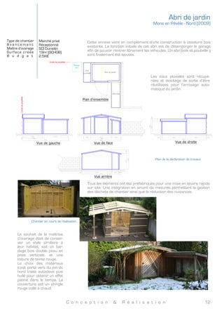C o n c e p t i o n & R é a l i s a t i o n 12
Plan et coupe de menuiseries
	
  
Plan exe de charpente
En cours de réalisation –
Photos à suivre prochainement
	
  
Plan exe de charpente
Vues de l’intérieur
	
  
Plan exe de charpente
L’utilisation modulaire de l’ouvrage par les occupants et la configuration de l’espace ont amené à créer un
aménagement ainsi que du mobilier entièrement sur mesure. Le medium est un matériau parfaitement adap-
té, d’une part pour ses caractéristiques mécaniques, d’autre part pour son état de surface. Une fois mis en
œuvre, il est directement prêt à peindre. Deux convertibles sont placés dans chacune des pièces pour une
configuration de chambre ou de salon.
Les menuiseries sont en bois, laquées gris anthracite, dito toiture, à l’extérieur. La
teinte naturelle du bois sera conservée pour l’intérieur. Composées d’un triple vitrage,
elles participent largement aux performances thermiques globales du bâti, affichant
un coefficient de transmission thermique Uw de 0.8W/m².K.
 