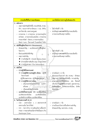 สังคมศึกษา ศาสนา และวัฒนธรรม (12) ___________________ โครงการแบรนดซัมเมอรแคมป 2013
ประเด็นที่ใชในการออกขอสอบ แนวโนมในการปรากฏในขอสอบจริง
3. สมัยกลาง
- เหตุการณสําคัญที่เกิดขึ้น (ระบบฟวดัล, ศาสน-
จักร, ระบบการทํานาเปดแบบ 3 ทุง, อัศวิน,
มหาวิทยาลัย, สงครามครูเสด)
- อารยธรรม 5 อารยธรรม (อารยธรรมยุโรป
ตะวันตก, อารยธรรมไบแซนไทน, อารยธรรม
ศาสนาคริสต / อิสลาม, อารยธรรมเมือง)
- ศิลปะ 3 แบบ (โรมาเนสก, ไบแซนไทน, โกธิก)
- ไมมี หรือมีก็ 1 ขอ
- สวนใหญถามความจําที่เปนรายละเอียดใน
อารยธรรมหรือเหตุการณนั้นๆ
4. สมัยฟนฟูศิลปวิทยาการ (Renaissance)
- ลักษณะสําคัญ / แนวคิดของคําวาฟนฟูศิลป-
วิทยาการ
- ศิลปะและศิลปนที่สําคัญ
- เหตุการณสําคัญ
การเกิดรัฐชาติ / ประเทศ (Nation State)
สํารวจเสนทางเดินเรือ (Age of Discovery)
การปฏิรูปศาสนา (The Reformation)
- ไมมี หรือมีก็ 1 ขอ
- สวนใหญถามความจําที่เปนรายละเอียดใน
อารยธรรมหรือเหตุการณนั้นๆ
5. สมัยใหม
- การปฏิวัติทั้งหลายแหล
การปฏิวัติทางเศรษฐกิจ-สังคม : ปฏิวัติ
วิทยาศาสตร
ปฏิวัติเกษตรกรรม ปฏิวัติอุตสาหกรรม
การปฏิวัติทางการเมือง
- เปนประชาธิปไตยในอังกฤษ อเมริกา
ฝรั่งเศส
- เปนคอมมิวนิสตในรัสเซีย
- แนวคิดทั้งหลายแหล เชน แนวคิดเสรีนิยม
แนวคิดประชาธิปไตย แนวคิดสังคมนิยม
แนวคิดจักรวรรดินิยม แนวคิดชาตินิยม
- นาจะมีแนๆ 1-2 ขอ
- มักถามแนววิเคราะห เชน สาเหตุ / ลักษณะ
เหตุการณ / ผลกระทบที่เกิดขึ้น / ความสําคัญ
- อาจถามความจําที่เปนชื่อคน เชน ชื่อคนที่
เกี่ยวกับการปฏิวัติวิทยาศาสตร, อุตสาหกรรม,
นักคิดเสรีนิยม, นักคิดประชาธิปไตย, นักคิด
สังคมนิยม
6. โลกในศตวรรษที่ 20-21
- C20 : สงครามโลก 1, 2 สหประชาชาติ
สงครามเย็น โลกาภิวัตน
- C21 : กอการราย ความขัดแยงทางเชื้อชาติ-
ศาสนา การขยายตัวของโลกาภิวัตนในทุกๆ ดาน
Hamburger Crisis
- นาจะมีแนๆ 1 ขอ
- ถามเปนแนววิเคราะหในเชิงความสําคัญ,
ลักษณะสําคัญ, ผลกระทบ, สาเหตุ
 