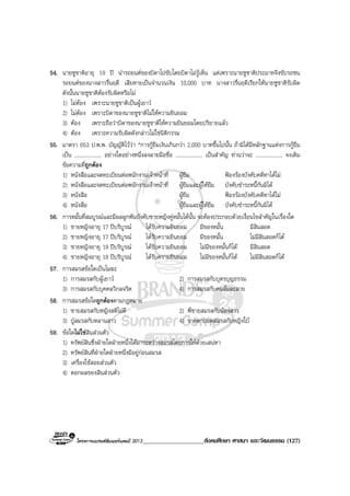 โครงการแบรนดซัมเมอรแคมป 2013____________________สังคมศึกษา ศาสนา และวัฒนธรรม (127)
54. นายชูชาติอายุ 19 ป นํารถยนตของบิดาไปขับโดยบิดาไมรูเห็น แตเพราะนายชูชาติประมาทจึงขับรถชน
รถยนตของนางสาวรื่นฤดี เสียหายเปนจํานวนเงิน 10,000 บาท นางสาวรื่นฤดีเรียกใหนายชูชาติรับผิด
ดังนั้นนายชูชาติตองรับผิดหรือไม
1) ไมตอง เพราะนายชูชาติเปนผูเยาว
2) ไมตอง เพราะบิดาของนายชูชาติไมใหความยินยอม
3) ตอง เพราะถือวาบิดาของนายชูชาติใหความยินยอมโดยปริยายแลว
4) ตอง เพราะความรับผิดดังกลาวไมใชนิติกรรม
55. มาตรา 653 ป.พ.พ. บัญญัติไววา “การกูยืมเงินเกินกวา 2,000 บาทขึ้นไปนั้น ถามิไดมีหลักฐานแหงการกูยืม
เปน .................... อยางใดอยางหนึ่งลงลายมือชื่อ .................... เปนสําคัญ ทานวาจะ .................... จงเติม
ขอความที่ถูกตอง
1) หนังสือและจดทะเบียนตอพนักงานเจาหนาที่ ผูยืม ฟองรองบังคับคดีหาไดไม
2) หนังสือและจดทะเบียนตอพนักงานเจาหนาที่ ผูยืมและผูใหยืม บังคับชําระหนี้กันมิได
3) หนังสือ ผูยืม ฟองรองบังคับคดีหาไดไม
4) หนังสือ ผูยืมและผูใหยืม บังคับชําระหนี้กันมิได
56. การหมั้นที่สมบูรณและมีผลผูกพันบังคับชายหญิงคูหมั้นไดนั้น จะตองประกอบดวยเงื่อนไขสําคัญในเรื่องใด
1) ชายหญิงอายุ 17 ปบริบูรณ ไดรับความยินยอม มีของหมั้น มีสินสอด
2) ชายหญิงอายุ 17 ปบริบูรณ ไดรับความยินยอม มีของหมั้น ไมมีสินสอดก็ได
3) ชายหญิงอายุ 18 ปบริบูรณ ไดรับความยินยอม ไมมีของหมั้นก็ได มีสินสอด
4) ชายหญิงอายุ 18 ปบริบูรณ ไดรับความยินยอม ไมมีของหมั้นก็ได ไมมีสินสอดก็ได
57. การสมรสขอใดเปนโมฆะ
1) การสมรสกับผูเยาว 2) การสมรสกับบุตรบุญธรรม
3) การสมรสกับบุคคลวิกลจริต 4) การสมรสกับคนลมละลาย
58. การสมรสขอใดถูกตองตามกฎหมาย
1) ชายสมรสกับหญิงสติไมดี 2) พี่ชายสมรสกับนองสาว
3) ปูสมรสกับหลานสาว 4) ชายตาบอดสมรสกับหญิงใบ
59. ขอใดไมใชสินสวนตัว
1) ทรัพยสินซึ่งฝายใดฝายหนึ่งไดมาระหวางสมรสโดยการใหดวยเสนหา
2) ทรัพยสินที่ฝายใดฝายหนึ่งมีอยูกอนสมรส
3) เครื่องใชสอยสวนตัว
4) ดอกผลของสินสวนตัว
 