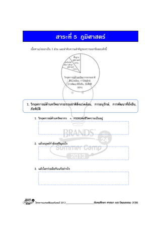 โครงการแบรนดซัมเมอรแคมป 2013____________________สังคมศึกษา ศาสนา และวัฒนธรรม (159)
สาระที่ 5 ภูมิศาสตร
เนื้อหาแบงออกเปน 3 สวน และลําดับความสําคัญของการออกขอสอบดังนี้
วิกฤตการณดานทรัพยากรธรรมชาติ
สิ่งแวดลอม, การอนุรักษ,
การพัฒนาที่ยั่งยืน, ภัยพิบัติ
(80%)
พื้นฐาน
ภูมิศาสตร
(10%)เทคโนโลยี
เพื่อการศึกษา
ภูมิศาสตร
(10%)
1. วิกฤตการณดานทรัพยากรธรรมชาติสิ่งแวดลอม, การอนุรักษ, การพัฒนาที่ยั่งยืน,
ภัยพิบัติ
1. วิกฤตการณดานทรัพยากร = กระทบตอชีวิตความเปนอยู
2. แลวมนุษยกําลังเผชิญอะไร
3. แลวโลกรวมมือกันแกอยางไร
 