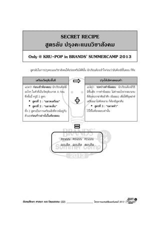 สังคมศึกษา ศาสนา และวัฒนธรรม (22) ___________________ โครงการแบรนดซัมเมอรแคมป 2013
สูตรลับในการปรุงคะแนนวิชาสังคมใหอรอยหรือไดดีนั้น นักเรียนตองเขาใจกอนวามันตองมีขั้นตอน ก็คือ
คะแนน คะแนน คะแนน
สอบติด สอบติด สอบติด
เตรียมวัตถุดิบชั้นดี ปรุงใหเลิศรสตอนทํา
แปลวา กอนเขาหองสอบ นักเรียนตองมี
อะไรๆ ในหัวที่เปนวัตถุดิบเกรด A กอน
ซึ่งขั้นนี้ ครูมี 2 สูตร
สูตรที่ 1 : “ฉลาดเตรียม”
สูตรที่ 2 : “ฉลาดเห็น”
ทั้ง 2 สูตรเปนการเตรียมสิ่งที่ควรมีอยูกับ
ตัวเองกอนกาวยางไปในหองสอบ
แปลวา ระหวางทําขอสอบ นักเรียนตองมีวิธี
มีชั้นเชิง การทําขอสอบ ไมตางอะไรจากสนามรบ
ที่ตองรบราฆาฟนขาศึก (ขอสอบ) เพื่อใหที่อุตสาห
เตรียมมาไมพังทลาย ก็ตองมีสูตรคือ
สูตรที่ 3 : “ฉลาดทํา”
ไวใชในหองสอบเทานั้น
SECRET RECIPE
สูตรลับ ปรุงคะแนนวิชาสังคม
Only @ KRU-POP in BRANDS’ SUMMERCAMP 2013
 
