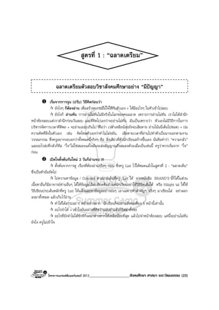 โครงการแบรนดซัมเมอรแคมป 2013_____________________สังคมศึกษา ศาสนา และวัฒนธรรม (23)
สูตรที่ 1 : “ฉลาดเตรียม”
เริ่มจากการจูน (ปรับ) วิธีคิดกอนวา
ยังไงๆ ก็ตองอาน เพื่อสรางความมั่นใจใหกับตัวเอง + ใหมีอะไรๆ ในหัวเขาไปสอบ
ยังไงก็ อานทัน การอานไมทันไมมีจริงในโลกของคนฉลาด เพราะการอานไมทัน เราไมไดสํานึก
หนาหองสอบแตเราสํานึกกอนวันสอบ และที่คิดไปเองวาจะอานไมทัน มันเปนเพราะวา ตัวเองไมมีวิธีการในการ
บริหารจัดการเวลาที่ดีพอ + จะอานเยอะเกินไป (คือวา เวลาเหลือนอยยังจะเสียดาย อานโนนนี่เต็มไปหมด) + ปม
ความคิดที่ฝงในตัวเอง เชน คิดโทษตัวเองวาทําไมไมขยัน, เสียดายเวลาที่ผานไปทําตัวเปนนางเอกตามงาน
วรรณกรรม ซึ่งครูอยากจะบอกวาทั้งหมดนี้จริงๆ คือ สิ่งเดียวที่ตัวนักเรียนสรางขึ้นเอง นั่นคือคําวา “ความกลัว”
และอะไรละที่กลัวก็คือ “ใจ”ไมใชสมองแตใจมันจะสงสัญญาณถึงสมองดวยเมื่อเปนเชนนี้ ครูวาควรเริ่มจาก “ใจ”
กอน
เปดใจตั้งตนกันใหม 3 วันก็อานจบ !!!
ตั้งตนจากการดู เรื่องที่ตองอานจริงๆ กอน ซึ่งครู List ไวใหหมดแลวในสูตรที่ 2 : “ฉลาดเห็น”
ซึ่งเปนหัวขอถัดไป
ไปควานหาขอมูล / Concept ตามประเด็นที่ครู List ให จากหนังสือ BRAND’S นี้ก็ไดในสวน
เนื้อหาอื่นก็มีอาจารยทานอื่นๆ ไดใหขอมูลไวละเอียดดีแลวแตนักเรียนอยาใชวิธีขีดเสนใต หรือ Hilight นะ ใหใช
วิธีเขียนประเด็นหลักที่ครู List ใหแลวและหาขอมูลอยางยอๆ เอาเฉพาะคําสําคัญๆ จริงๆ มาเขียนใส อยาลอก
ลงมาทั้งหมด แลวเก็บไวอาน
ทําใหไดสาระละ 1 หนาอยางมาก นักเรียนก็จะอานสังคมเพียง 5 หนานี้เทานั้น
อะไรจําได + เขาใจมันอยางที่คิดวาแมนยําแลวก็ขีดฆาทิ้งซะ
อะไรที่ยังจําไมไดซักทีก็จดมาตางหากใหเหลือนอยที่สุด แลวไปจําหนาหองสอบ แคนี้จะอานไมทัน
ยังไง ครูไมเขาใจ
ฉลาดเตรียมตัวสอบวิชาสังคมศึกษาอยาง “มีปญญา”
 