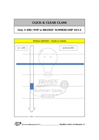 โครงการแบรนดซัมเมอรแคมป 2013______________________สังคมศึกษา ศาสนา และวัฒนธรรม (7)
WORLD HISTORY : CLICK & CLEAR
CLICK & CLEAR CLASS
ยุค + จุดตัด จุดเดนของยุคนั้นๆ
2013
Only @ KRU-POP in BRANDS’ SUMMERCAMP 2013
 