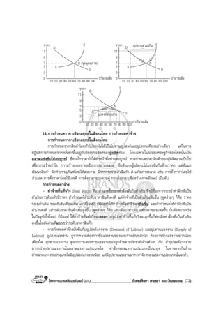 โครงการแบรนดซัมเมอรแคมป 2013_____________________สังคมศึกษา ศาสนา และวัฒนธรรม (77)
E (จุดดุลยภาพ)
10
ปริมาณสม
ราคา
20 30 40 50 60 70 80 90 100
0
3
5
7
9
11
D
D
S
S
อุปทานสวนเกิน
10
ปริมาณสม
ราคา
20 30 40 50 60 70 80 90 100
0
3
5
7
9
11
D
D
S
S
E
อุปสงคสวนเกิน
10
ปริมาณสม
ราคา
20 30 40 50 60 70 80 90 100
0
3
5
7
9
11
D
D
S
S
E
14.การกําหนดราคาเชิงกลยุทธในสังคมไทย การกําหนดคาจาง
การกําหนดราคาเชิงกลยุทธในสังคมไทย
การกําหนดราคาสินคาโดยทั่วไปอาจไมไดเปนไปตามอุปสงคและอุปทานเพียงอยางเดียว แตในทาง
ปฏิบัติการกําหนดราคานั้นยังขึ้นอยูกับวัตถุประสงคของผูผลิตดวย โดยเฉพาะในระบบเศรษฐกิจของไทยนั้นเปน
ตลาดแขงขันไมสมบูรณ ซึ่งกลไกราคาไมไดทําหนาที่อยางสมบูรณ การกําหนดราคาสินคาของผูผลิตอาจเปนไป
เพื่อการสรางกําไร การสรางยอดขายหรือการขยายตลาด ขอสังเกตผูผลิตจะไมแขงขันกันดานราคา แตหันมา
พัฒนาสินคา จัดทําบรรจุภัณฑใหมใหสวยงาม มีการกระจายตัวสินคา สงเสริมการตลาด เชน การตั้งราคาโดยใช
สวนลด การตั้งราคาโดยใชเลขคี่ การตั้งราคาขายควบคู การตั้งราคาเพื่อสรางภาพลักษณ เปนตน.
การกําหนดคาจาง
- คาจางที่แทจริง (Real Wage) คือ อํานาจซื้อของคาจางที่เปนตัวเงิน ซึ่งมีที่มาจากการนําคาจางที่เปน
ตัวเงินหารดวยดัชนีราคา ถากําหนดใหระดับราคาสินคาคงที่ แตคาจางที่เปนตัวเงินเพิ่มขึ้น (พูดงายๆ ก็คือ ราคา
ของเทาเดิม ขณะที่เงินเดือนเพิ่ม เราดีใจแน) ก็มีผลทําใหคาจางที่แทจริงจะเพิ่มขึ้น และถากําหนดใหคาจางที่เปน
ตัวเงินคงที่ แตระดับราคาสินคาเพิ่มสูงขึ้น (พูดงายๆ ก็คือ เงินเดือนเทาเดิม แตราคาของแพงขึ้น นั่นคือความจริง
ในปจจุบันใชไหม) ก็มีผลทําใหคาจางที่แทจริงจะลดลง สรุปวาคาจางที่แทจริงจะสูงขึ้นก็ตอเมื่อคาจางที่เปนตัวเงิน
สูงขึ้นในสัดสวนที่มากกวาระดับราคาสินคา.
- การกําหนดคาจางนั้นขึ้นกับอุปสงคแรงงาน (Demand of Labour) และอุปทานแรงงาน (Supply of
Labour) อุปสงคแรงงาน ดูจากความตองการซื้อแรงงานของนายจางเปนหลักวา ตองการจางแรงงานมากนอย
เพียงใด อุปทานแรงงาน ดูจากการเสนอขายแรงงานของลูกจางตามอัตราคาจางตางๆ กัน ถาอุปสงคแรงงาน
มากกวาอุปทานแรงงานในตลาดแรงงานประเภทใด คาจางของแรงงานประเภทนั้นจะสูง ในทางตรงกันขาม
ถาตลาดแรงงานประเภทใดมีอุปสงคแรงงานนอย แตมีอุปทานแรงงานมาก คาจางของแรงงานประเภทนั้นจะต่ํา.
 