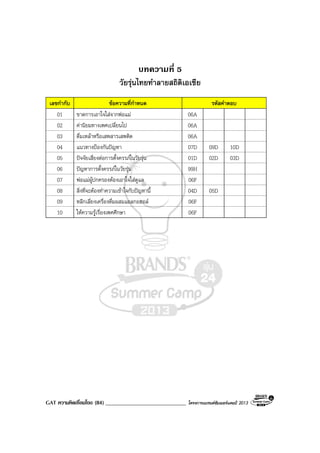 GAT ความคิดเชื่อมโยง (84) _____________________________ โครงการแบรนดซัมเมอรแคมป 2013
บทความที่ 5
วัยรุนไทยทําลายสถิติเอเชีย
เลขกํากับ ขอความที่กําหนด รหัสคําตอบ
01 ขาดการเอาใจใสจากพอแม 06A
02 คานิยมทางเพศเปลี่ยนไป 06A
03 ดื่มเหลาหรือเสพสารเสพติด 06A
04 แนวทางปองกันปญหา 07D 09D 10D
05 ปจจัยเสี่ยงตอการตั้งครรภในวัยรุน 01D 02D 03D
06 ปญหาการตั้งครรภในวัยรุน 99H
07 พอแมผูปกครองตองเอาใจใสดูแล 06F
08 สิ่งที่จะตองทําความเขาใจกับปญหานี้ 04D 05D
09 หลีกเลี่ยงเครื่องดื่มผสมแอลกอฮอล 06F
10 ใหความรูเรื่องเพศศึกษา 06F
 