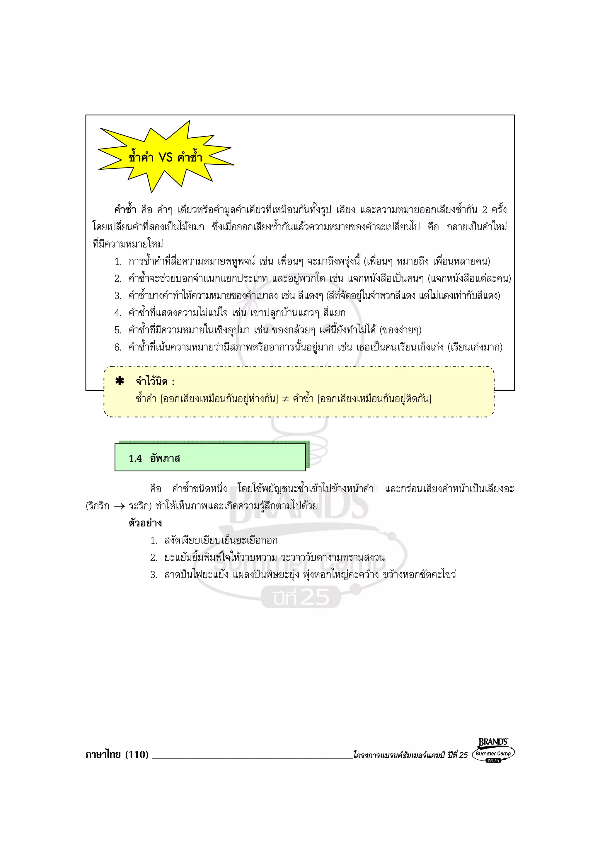 ภาษาไทย (110) ______________________________________________โครงการแบรนดซัมเมอรแคมป ปที่ 25
ซ้ําคํา VS คําซ้ํา
คําซ้ํา คือ คําๆ เดียวหรือคํามูลคําเดียวที่เหมือนกันทั้งรูป เสียง และความหมายออกเสียงซ้ํากัน 2 ครั้ง
โดยเปลี่ยนคําที่สองเปนไมยมก ซึ่งเมื่อออกเสียงซ้ํากันแลวความหมายของคําจะเปลี่ยนไป คือ กลายเปนคําใหม
ที่มีความหมายใหม
1. การซ้ําคําที่สื่อความหมายพหูพจน เชน เพื่อนๆ จะมาถึงพรุงนี้ (เพื่อนๆ หมายถึง เพื่อนหลายคน)
2. คําซ้ําจะชวยบอกจําแนกแยกประเภท และอยูพวกใด เชน แจกหนังสือเปนคนๆ (แจกหนังสือแตละคน)
3. คําซ้ําบางคําทําใหความหมายของคําเบาลง เชน สีแดงๆ (สีที่จัดอยูในจําพวกสีแดง แตไมแดงเทากับสีแดง)
4. คําซ้ําที่แสดงความไมแนใจ เชน เขาปลูกบานแถวๆ สี่แยก
5. คําซ้ําที่มีความหมายในเชิงอุปมา เชน ของกลวยๆ แคนี้ยังทําไมได (ของงายๆ)
6. คําซ้ําที่เนนความหมายวามีสภาพหรืออาการนั้นอยูมาก เชน เธอเปนคนเรียนเกงเกง (เรียนเกงมาก)
จําไวนิด :
ซ้ําคํา [ออกเสียงเหมือนกันอยูหางกัน] ≠ คําซ้ํา [ออกเสียงเหมือนกันอยูติดกัน]
1.4 อัพภาส
คือ คําซ้ําชนิดหนึ่ง โดยใชพยัญชนะซ้ําเขาไปขางหนาคํา และกรอนเสียงคําหนาเปนเสียงอะ
(ริกริก → ระริก) ทําใหเห็นภาพและเกิดความรูสึกตามไปดวย
ตัวอยาง
1. สงัดเงียบเยียบเย็นยะเยือกอก
2. ยะแยมยิ้มพิมพใจใหวาบหวาม วะวาววับตางามทรามสงวน
3. สาดปนไฟยะแยง แผลงปนพิษยะยุง พุงหอกใหญคะควาง ขวางหอกซัดคะไขว
 