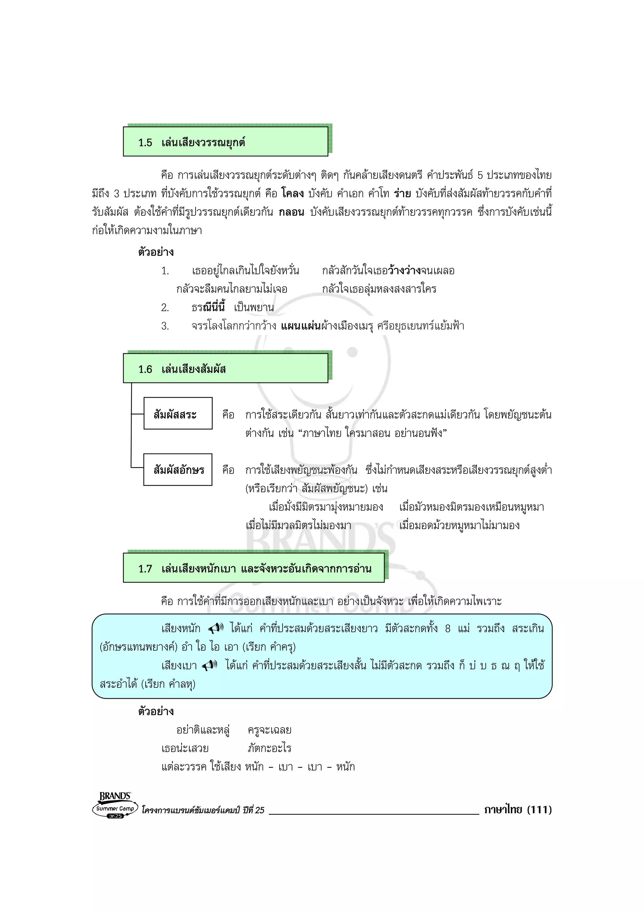 โครงการแบรนดซัมเมอรแคมป ปที่ 25 ____________________________________ ภาษาไทย (111)
1.5 เลนเสียงวรรณยุกต
คือ การเลนเสียงวรรณยุกตระดับตางๆ ติดๆ กันคลายเสียงดนตรี คําประพันธ 5 ประเภทของไทย
มีถึง 3 ประเภท ที่บังคับการใชวรรณยุกต คือ โคลง บังคับ คําเอก คําโท ราย บังคับที่สงสัมผัสทายวรรคกับคําที่
รับสัมผัส ตองใชคําที่มีรูปวรรณยุกตเดียวกัน กลอน บังคับเสียงวรรณยุกตทายวรรคทุกวรรค ซึ่งการบังคับเชนนี้
กอใหเกิดความงามในภาษา
ตัวอยาง
1. เธออยูไกลเกินไปใจยังหวั่น กลัวสักวันใจเธอวางวางจนเผลอ
กลัวจะลืมคนไกลยามไมเจอ กลัวใจเธอลุมหลงสงสารใคร
2. ธรณีนี่นี้ เปนพยาน
3. จรรโลงโลกกวากวาง แผนแผนผางเมืองเมรุ ศรีอยุธเยนทรแยมฟา
1.6 เลนเสียงสัมผัส
สัมผัสสระ คือ การใชสระเดียวกัน สั้นยาวเทากันและตัวสะกดแมเดียวกัน โดยพยัญชนะตน
ตางกัน เชน “ภาษาไทย ใครมาสอน อยานอนฟง”
สัมผัสอักษร คือ การใชเสียงพยัญชนะพองกัน ซึ่งไมกําหนดเสียงสระหรือเสียงวรรณยุกตสูงต่ํา
(หรือเรียกวา สัมผัสพยัญชนะ) เชน
เมื่อมั่งมีมิตรมามุงหมายมอง เมื่อมัวหมองมิตรมองเหมือนหมูหมา
เมื่อไมมีมวลมิตรไมมองมา เมื่อมอดมวยหมูหมาไมมามอง
1.7 เลนเสียงหนักเบา และจังหวะอันเกิดจากการอาน
คือ การใชคําที่มีการออกเสียงหนักและเบา อยางเปนจังหวะ เพื่อใหเกิดความไพเราะ
เสียงหนัก ไดแก คําที่ประสมดวยสระเสียงยาว มีตัวสะกดทั้ง 8 แม รวมถึง สระเกิน
(อักษรแทนพยางค) อํา ใอ ไอ เอา (เรียก คําครุ)
เสียงเบา ไดแก คําที่ประสมดวยสระเสียงสั้น ไมมีตัวสะกด รวมถึง ก็ บ บ ธ ณ ฤ ใหใช
สระอําได (เรียก คําลหุ)
ตัวอยาง
อยาติและหลู ครูจะเฉลย
เธอนะเสวย ภัตกะอะไร
แตละวรรค ใชเสียง หนัก - เบา - เบา - หนัก
 