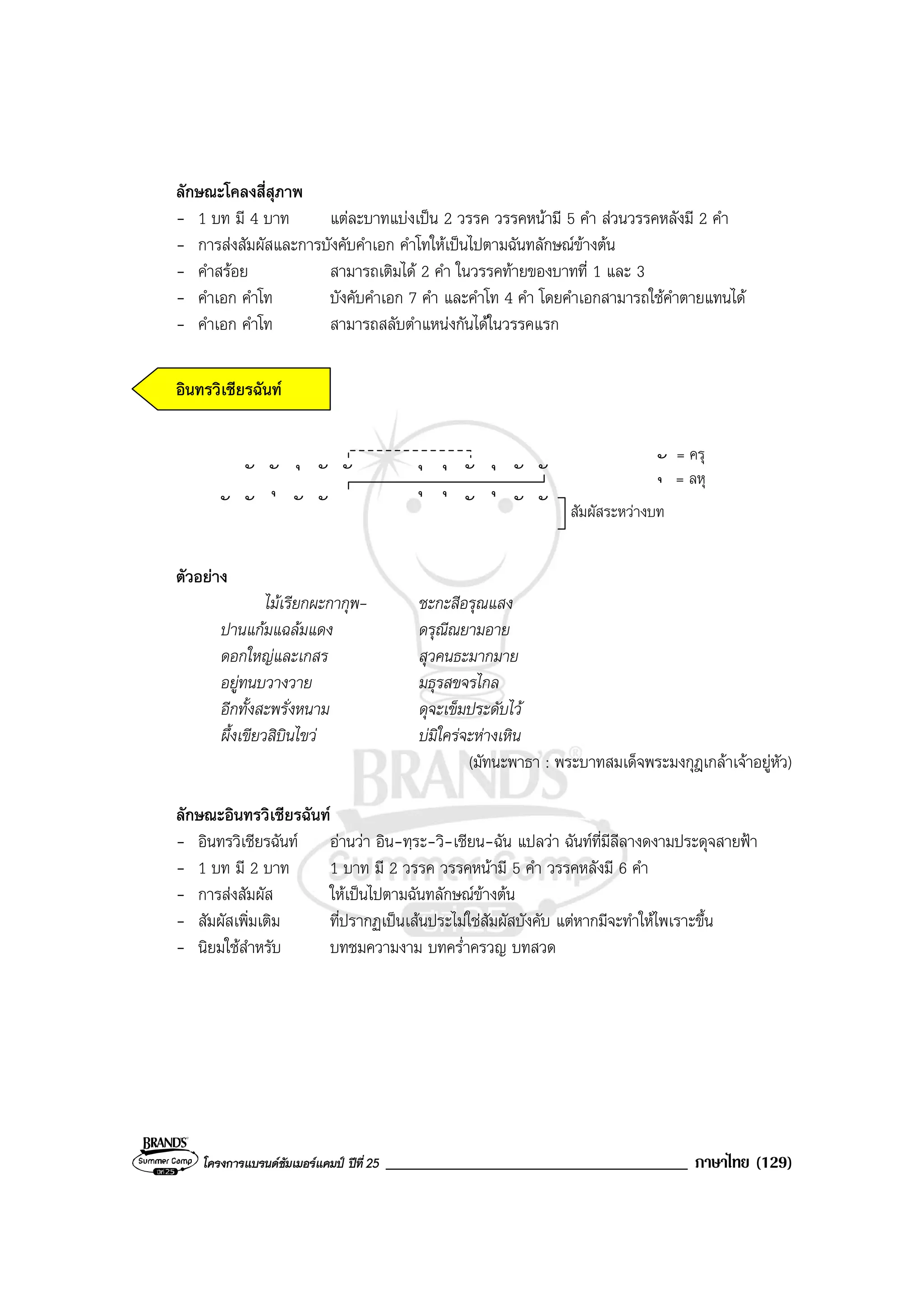 โครงการแบรนดซัมเมอรแคมป ปที่ 25 ____________________________________ ภาษาไทย (129)
ลักษณะโคลงสี่สุภาพ
- 1 บท มี 4 บาท แตละบาทแบงเปน 2 วรรค วรรคหนามี 5 คํา สวนวรรคหลังมี 2 คํา
- การสงสัมผัสและการบังคับคําเอก คําโทใหเปนไปตามฉันทลักษณขางตน
- คําสรอย สามารถเติมได 2 คํา ในวรรคทายของบาทที่ 1 และ 3
- คําเอก คําโท บังคับคําเอก 7 คํา และคําโท 4 คํา โดยคําเอกสามารถใชคําตายแทนได
- คําเอก คําโท สามารถสลับตําแหนงกันไดในวรรคแรก
อินทรวิเชียรฉันท
สัมผัสระหวางบท
ุ
ั ั ั ั
ุ ุ
ั
ุ
ั ัุ
ั ั ั ั
ุ ุ
ั
ุ
ั ั
ุั = ครุ
= ลหุ
ตัวอยาง
ไมเรียกผะกากุพ- ชะกะสีอรุณแสง
ปานแกมแฉลมแดง ดรุณีณยามอาย
ดอกใหญและเกสร สุวคนธะมากมาย
อยูทนบวางวาย มธุรสขจรไกล
อีกทั้งสะพรั่งหนาม ดุจะเข็มประดับไว
ผึ้งเขียวสิบินไขว บมิใครจะหางเหิน
(มัทนะพาธา : พระบาทสมเด็จพระมงกุฎเกลาเจาอยูหัว)
ลักษณะอินทรวิเชียรฉันท
- อินทรวิเชียรฉันท อานวา อิน-ทฺระ-วิ-เชียน-ฉัน แปลวา ฉันทที่มีลีลางดงามประดุจสายฟา
- 1 บท มี 2 บาท 1 บาท มี 2 วรรค วรรคหนามี 5 คํา วรรคหลังมี 6 คํา
- การสงสัมผัส ใหเปนไปตามฉันทลักษณขางตน
- สัมผัสเพิ่มเติม ที่ปรากฏเปนเสนประไมใชสัมผัสบังคับ แตหากมีจะทําใหไพเราะขึ้น
- นิยมใชสําหรับ บทชมความงาม บทคร่ําครวญ บทสวด
 
