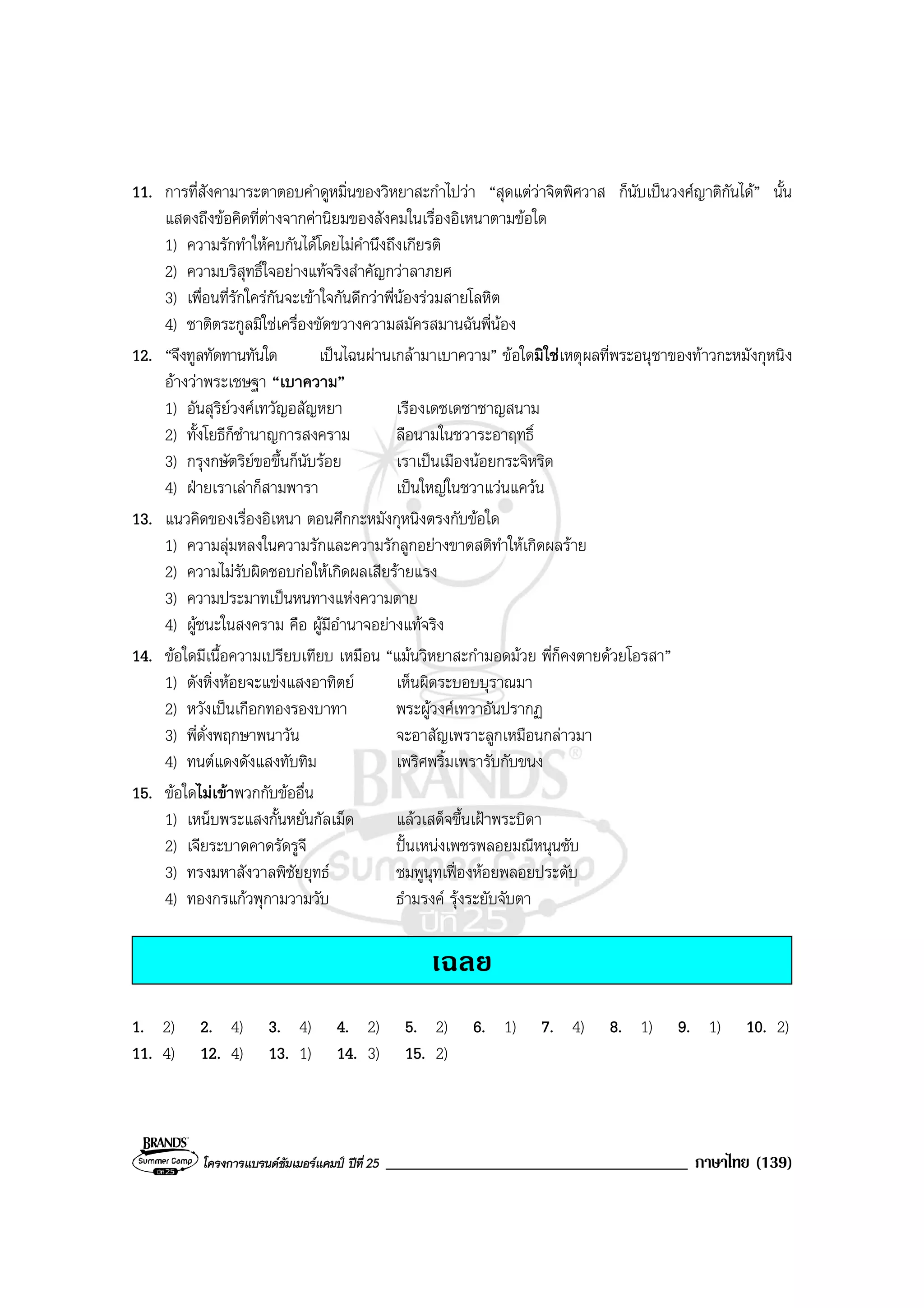 โครงการแบรนดซัมเมอรแคมป ปที่ 25 ____________________________________ ภาษาไทย (139)
11. การที่สังคามาระตาตอบคําดูหมิ่นของวิหยาสะกําไปวา “สุดแตวาจิตพิศวาส ก็นับเปนวงศญาติกันได” นั้น
แสดงถึงขอคิดที่ตางจากคานิยมของสังคมในเรื่องอิเหนาตามขอใด
1) ความรักทําใหคบกันไดโดยไมคํานึงถึงเกียรติ
2) ความบริสุทธิ์ใจอยางแทจริงสําคัญกวาลาภยศ
3) เพื่อนที่รักใครกันจะเขาใจกันดีกวาพี่นองรวมสายโลหิต
4) ชาติตระกูลมิใชเครื่องขัดขวางความสมัครสมานฉันพี่นอง
12. “จึงทูลทัดทานทันใด เปนไฉนผานเกลามาเบาความ” ขอใดมิใชเหตุผลที่พระอนุชาของทาวกะหมังกุหนิง
อางวาพระเชษฐา “เบาความ”
1) อันสุริยวงศเทวัญอสัญหยา เรืองเดชเดชาชาญสนาม
2) ทั้งโยธีก็ชํานาญการสงคราม ลือนามในชวาระอาฤทธิ์
3) กรุงกษัตริยขอขึ้นก็นับรอย เราเปนเมืองนอยกระจิหริด
4) ฝายเราเลาก็สามพารา เปนใหญในชวาแวนแควน
13. แนวคิดของเรื่องอิเหนา ตอนศึกกะหมังกุหนิงตรงกับขอใด
1) ความลุมหลงในความรักและความรักลูกอยางขาดสติทําใหเกิดผลราย
2) ความไมรับผิดชอบกอใหเกิดผลเสียรายแรง
3) ความประมาทเปนหนทางแหงความตาย
4) ผูชนะในสงคราม คือ ผูมีอํานาจอยางแทจริง
14. ขอใดมีเนื้อความเปรียบเทียบ เหมือน “แมนวิหยาสะกํามอดมวย พี่ก็คงตายดวยโอรสา”
1) ดังหิ่งหอยจะแขงแสงอาทิตย เห็นผิดระบอบบุราณมา
2) หวังเปนเกือกทองรองบาทา พระผูวงศเทวาอันปรากฏ
3) พี่ดั่งพฤกษาพนาวัน จะอาสัญเพราะลูกเหมือนกลาวมา
4) ทนตแดงดังแสงทับทิม เพริศพริ้มเพรารับกับขนง
15. ขอใดไมเขาพวกกับขออื่น
1) เหน็บพระแสงกั้นหยั่นกัลเม็ด แลวเสด็จขึ้นเฝาพระบิดา
2) เจียระบาดคาดรัดรูจี ปนเหนงเพชรพลอยมณีหนุนซับ
3) ทรงมหาสังวาลพิชัยยุทธ ชมพูนุทเฟองหอยพลอยประดับ
4) ทองกรแกวพุกามวามวับ ธํามรงค รุงระยับจับตา
เฉลย
1. 2) 2. 4) 3. 4) 4. 2) 5. 2) 6. 1) 7. 4) 8. 1) 9. 1) 10. 2)
11. 4) 12. 4) 13. 1) 14. 3) 15. 2)
 