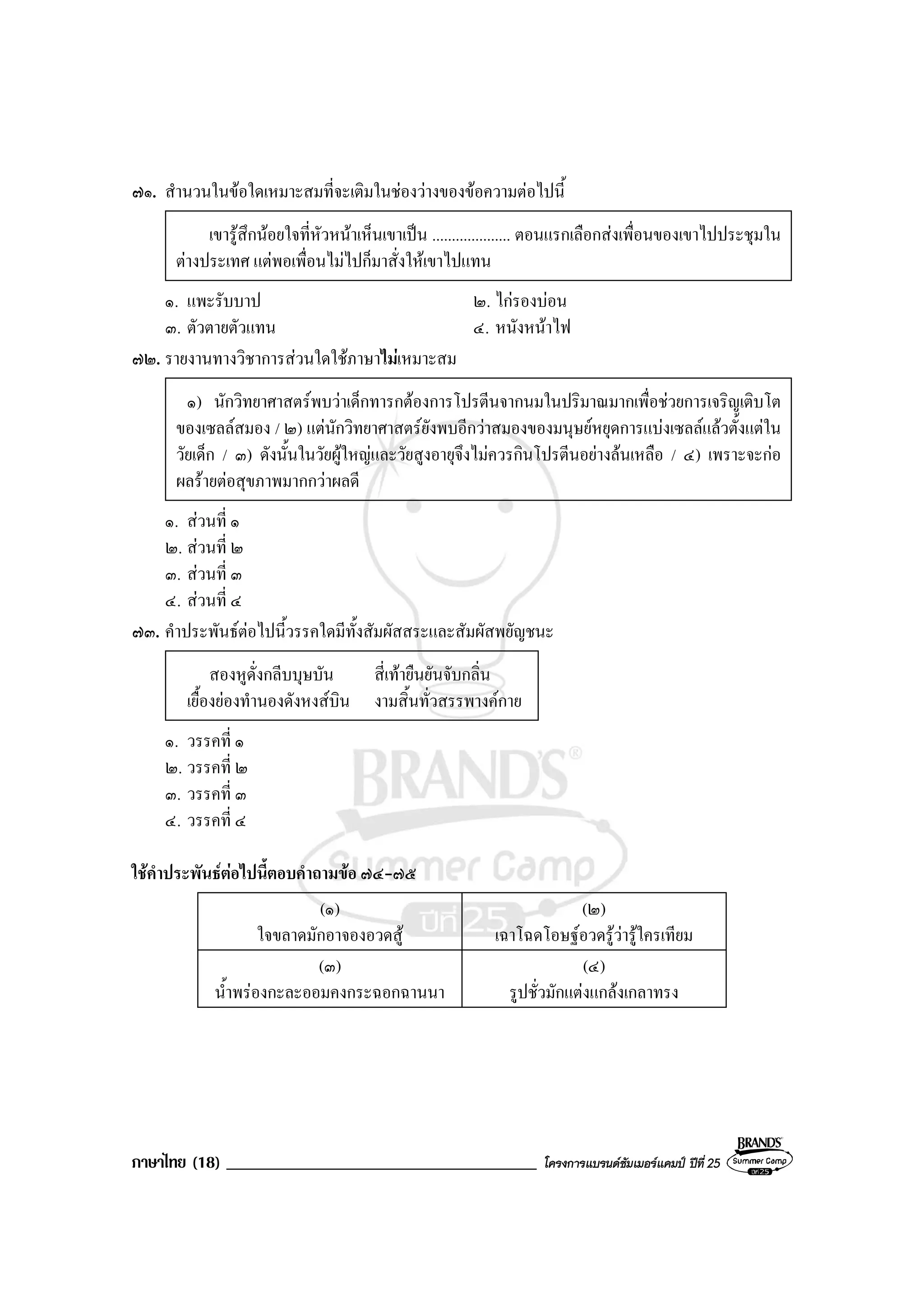 ภาษาไทย (18) _____________________________________ โครงการแบรนดซัมเมอรแคมป ปที่ 25
๗๑. สํานวนในขอใดเหมาะสมที่จะเติมในชองวางของขอความตอไปนี้
เขารูสึกนอยใจที่หัวหนาเห็นเขาเปน .................... ตอนแรกเลือกสงเพื่อนของเขาไปประชุมใน
ตางประเทศ แตพอเพื่อนไมไปก็มาสั่งใหเขาไปแทน
๑. แพะรับบาป ๒. ไกรองบอน
๓. ตัวตายตัวแทน ๔. หนังหนาไฟ
๗๒. รายงานทางวิชาการสวนใดใชภาษาไมเหมาะสม
๑) นักวิทยาศาสตรพบวาเด็กทารกตองการโปรตีนจากนมในปริมาณมากเพื่อชวยการเจริญเติบโต
ของเซลลสมอง / ๒) แตนักวิทยาศาสตรยังพบอีกวาสมองของมนุษยหยุดการแบงเซลลแลวตั้งแตใน
วัยเด็ก / ๓) ดังนั้นในวัยผูใหญและวัยสูงอายุจึงไมควรกินโปรตีนอยางลนเหลือ / ๔) เพราะจะกอ
ผลรายตอสุขภาพมากกวาผลดี
๑. สวนที่ ๑
๒. สวนที่ ๒
๓. สวนที่ ๓
๔. สวนที่ ๔
๗๓. คําประพันธตอไปนี้วรรคใดมีทั้งสัมผัสสระและสัมผัสพยัญชนะ
สองหูดั่งกลีบบุษบัน สี่เทายืนยันจับกลิ่น
เยื้องยองทํานองดังหงสบิน งามสิ้นทั่วสรรพางคกาย
๑. วรรคที่ ๑
๒. วรรคที่ ๒
๓. วรรคที่ ๓
๔. วรรคที่ ๔
ใชคําประพันธตอไปนี้ตอบคําถามขอ ๗๔-๗๕
(๑)
ใจขลาดมักอาจองอวดสู
(๒)
เฉาโฉดโอษฐอวดรูวารูใครเทียม
(๓)
น้ําพรองกะละออมคงกระฉอกฉานนา
(๔)
รูปชั่วมักแตงแกลงเกลาทรง
 