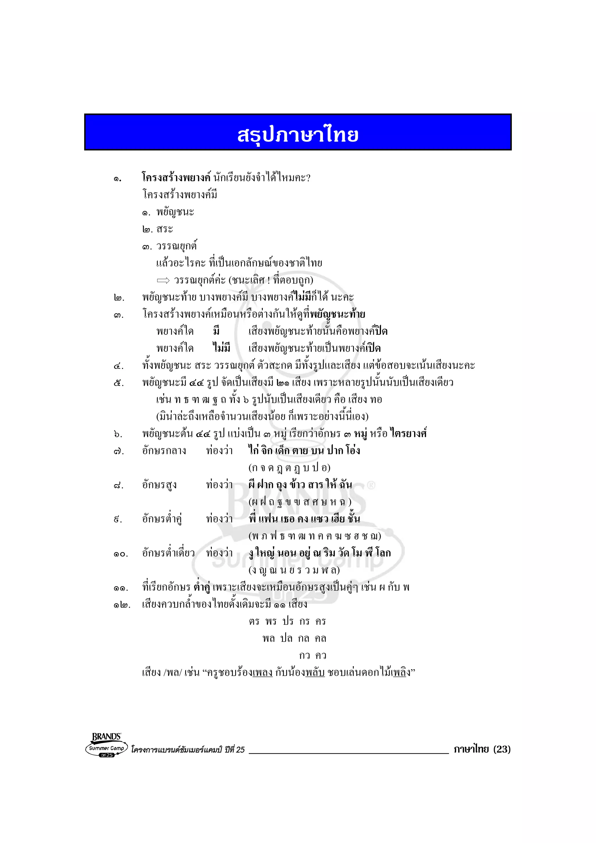 โครงการแบรนดซัมเมอรแคมป ปที่ 25 _____________________________________ ภาษาไทย (23)
สรุปภาษาไทย
๑. โครงสรางพยางค นักเรียนยังจําไดไหมคะ?
โครงสรางพยางคมี
๑. พยัญชนะ
๒. สระ
๓. วรรณยุกต
แลวอะไรคะ ที่เปนเอกลักษณของชาติไทย
วรรณยุกตคะ (ชนะเลิศ ! ที่ตอบถูก)
๒. พยัญชนะทาย บางพยางคมี บางพยางคไมมีก็ได นะคะ
๓. โครงสรางพยางคเหมือนหรือตางกันใหดูที่พยัญชนะทาย
พยางคใด มี เสียงพยัญชนะทายนั้นคือพยางคปด
พยางคใด ไมมี เสียงพยัญชนะทายเปนพยางคเปด
๔. ทั้งพยัญชนะ สระ วรรณยุกต ตัวสะกด มีทั้งรูปและเสียง แตขอสอบจะเนนเสียงนะคะ
๕. พยัญชนะมี ๔๔ รูป จัดเปนเสียงมี ๒๑ เสียง เพราะหลายรูปนั้นนับเปนเสียงเดียว
เชน ท ธ ฑ ฒ ฐ ถ ทั้ง ๖ รูปนับเปนเสียงเดียว คือ เสียง ทอ
(มินาละถึงเหลือจํานวนเสียงนอย ก็เพราะอยางนี้นี่เอง)
๖. พยัญชนะตน ๔๔ รูป แบงเปน ๓ หมู เรียกวาอักษร ๓ หมู หรือ ไตรยางศ
๗. อักษรกลาง ทองวา ไก จิก เด็ก ตาย บน ปาก โอง
(ก จ ด ฎ ต ฏ บ ป อ)
๘. อักษรสูง ทองวา ผี ฝาก ถุง ขาว สาร ให ฉัน
(ผ ฝ ถ ฐ ข ฃ ส ศ ษ ห ฉ )
๙. อักษรต่ําคู ทองวา พี่ แฟน เธอ คง แซว เฮีย ชั้น
(พ ภ ฟ ธ ฑ ฒ ท ค ฅ ฆ ซ ฮ ช ฌ)
๑๐. อักษรต่ําเดี่ยว ทองวา งู ใหญ นอน อยู ณ ริม วัด โม ฬี โลก
(ง ญ ณ น ย ร ว ม ฬ ล)
๑๑. ที่เรียกอักษร ต่ําคู เพราะเสียงจะเหมือนอักษรสูงเปนคูๆ เชน ผ กับ พ
๑๒. เสียงควบกล้ําของไทยดั้งเดิมจะมี ๑๑ เสียง
ตร พร ปร กร คร
พล ปล กล คล
กว คว
เสียง /พล/ เชน “ครูชอบรองเพลง กับนองพลับ ชอบเลนดอกไมเพลิง”
 