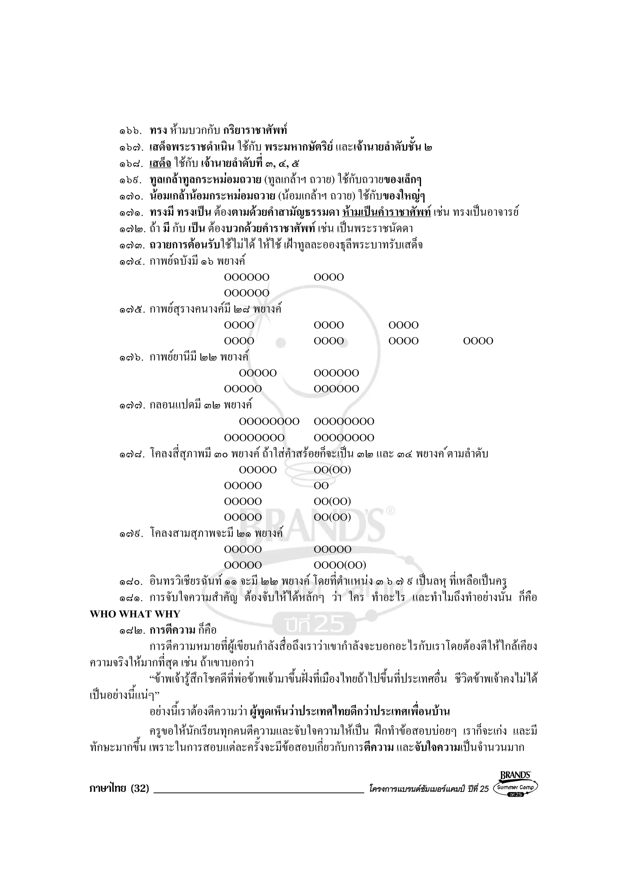 ภาษาไทย (32) _____________________________________ โครงการแบรนดซัมเมอรแคมป ปที่ 25
๑๖๖. ทรง หามบวกกับ กริยาราชาศัพท
๑๖๗. เสด็จพระราชดําเนิน ใชกับ พระมหากษัตริย และเจานายลําดับชั้น ๒
๑๖๘. เสด็จ ใชกับ เจานายลําดับที่ ๓, ๔, ๕
๑๖๙. ทูลเกลาทูลกระหมอมถวาย (ทูลเกลาฯ ถวาย) ใชกับถวายของเล็กๆ
๑๗๐. นอมเกลานอมกระหมอมถวาย (นอมเกลาฯ ถวาย) ใชกับของใหญๆ
๑๗๑. ทรงมี ทรงเปน ตองตามดวยคําสามัญธรรมดา หามเปนคําราชาศัพท เชน ทรงเปนอาจารย
๑๗๒. ถา มี กับ เปน ตองบวกดวยคําราชาศัพท เชน เปนพระราชนัดดา
๑๗๓. ถวายการตอนรับใชไมได ใหใช เฝาทูลละอองธุลีพระบาทรับเสด็จ
๑๗๔. กาพยฉบังมี ๑๖ พยางค
OOOOOO OOOO
OOOOOO
๑๗๕. กาพยสุรางคนางคมี ๒๘ พยางค
OOOO OOOO OOOO
OOOO OOOO OOOO OOOO
๑๗๖. กาพยยานีมี ๒๒ พยางค
OOOOO OOOOOO
OOOOO OOOOOO
๑๗๗. กลอนแปดมี ๓๒ พยางค
OOOOOOOO OOOOOOOO
OOOOOOOO OOOOOOOO
๑๗๘. โคลงสี่สุภาพมี ๓๐ พยางค ถาใสคําสรอยก็จะเปน ๓๒ และ ๓๔ พยางค ตามลําดับ
OOOOO OO(OO)
OOOOO OO
OOOOO OO(OO)
OOOOO OO(OO)
๑๗๙. โคลงสามสุภาพจะมี ๒๑ พยางค
OOOOO OOOOO
OOOOO OOOO(OO)
๑๘๐. อินทรวิเชียรฉันท ๑๑ จะมี ๒๒ พยางค โดยที่ตําแหนง ๓ ๖ ๗ ๙ เปนลหุ ที่เหลือเปนครุ
๑๘๑. การจับใจความสําคัญ ตองจับใหไดหลักๆ วา ใคร ทําอะไร และทําไมถึงทําอยางนั้น ก็คือ
WHO WHAT WHY
๑๘๒. การตีความ ก็คือ
การตีความหมายที่ผูเขียนกําลังสื่อถึงเราวาเขากําลังจะบอกอะไรกับเราโดยตองตีใหใกลเคียง
ความจริงใหมากที่สุด เชน ถาเขาบอกวา
“ขาพเจารูสึกโชคดีที่พอขาพเจามาขึ้นฝงที่เมืองไทยถาไปขึ้นที่ประเทศอื่น ชีวิตขาพเจาคงไมได
เปนอยางนี้แนๆ”
อยางนี้เราตองตีความวา ผูพูดเห็นวาประเทศไทยดีกวาประเทศเพื่อนบาน
ครูขอใหนักเรียนทุกคนตีความและจับใจความใหเปน ฝกทําขอสอบบอยๆ เราก็จะเกง และมี
ทักษะมากขึ้น เพราะในการสอบแตละครั้งจะมีขอสอบเกี่ยวกับการตีความ และจับใจความเปนจํานวนมาก
 