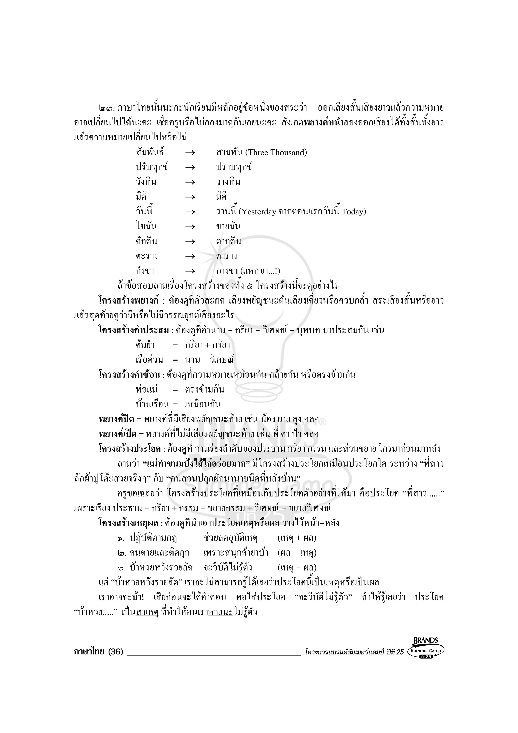 ภาษาไทย (36) _____________________________________ โครงการแบรนดซัมเมอรแคมป ปที่ 25
๒๓. ภาษาไทยนั้นนะคะนักเรียนมีหลักอยูขอหนึ่งของสระวา ออกเสียงสั้นเสียงยาวแลวความหมาย
อาจเปลี่ยนไปไดนะคะ เชื่อครูหรือไมลองมาดูกันเลยนะคะ สังเกตพยางคหนาลองออกเสียงไดทั้งสั้นทั้งยาว
แลวความหมายเปลี่ยนไปหรือไม
สัมพันธ → สามพัน (Three Thousand)
ปรับทุกข → ปราบทุกข
วังหิน → วางหิน
มิดี → มีดี
วันนี้ → วานนี้ (Yesterday จากตอนแรกวันนี้ Today)
ไขมัน → ขายมัน
ตักดิน → ตากดิน
ตะราง → ตาราง
กังขา → กางขา (แหกขา...!)
ถาขอสอบถามเรื่องโครงสรางของทั้ง ๕ โครงสรางนี้จะดูอยางไร
โครงสรางพยางค : ตองดูที่ตัวสะกด เสียงพยัญชนะตนเสียงเดี่ยวหรือควบกล้ํา สระเสียงสั้นหรือยาว
แลวสุดทายดูวามีหรือไมมีวรรณยุกตเสียงอะไร
โครงสรางคําประสม : ตองดูที่คํานาม - กริยา - วิเศษณ - บุพบท มาประสมกัน เชน
ตมยํา = กริยา + กริยา
เรือดวน = นาม + วิเศษณ
โครงสรางคําซอน : ตองดูที่ความหมายเหมือนกัน คลายกัน หรือตรงขามกัน
พอแม = ตรงขามกัน
บานเรือน = เหมือนกัน
พยางคปด = พยางคที่มีเสียงพยัญชนะทาย เชน นอง ยาย ลุง ฯลฯ
พยางคเปด = พยางคที่ไมมีเสียงพยัญชนะทาย เชน พี่ ตา ปา ฯลฯ
โครงสรางประโยค : ตองดูที่ การเรียงลําดับของประธาน กริยา กรรมและสวนขยาย ใครมากอนมาหลัง
ถามวา “แมทําขนมปงไสไกอรอยมาก” มีโครงสรางประโยคเหมือนประโยคใด ระหวาง “พี่สาว
ถักผาปูโตะสวยจริงๆ” กับ “คนสวนปลูกผักนานาชนิดที่หลังบาน”
ครูขอเฉลยวา โครงสรางประโยคที่เหมือนกับประโยคตัวอยางที่ใหมา คือประโยค “พี่สาว......”
เพราะเรียง ประธาน + กริยา + กรรม + ขยายกรรม + วิเศษณ + ขยายวิเศษณ
โครงสรางเหตุผล : ตองดูที่นําเอาประโยคเหตุหรือผล วางไวหนา-หลัง
๑. ปฏิบัติตามกฎ ชวยลดอุบัติเหตุ (เหตุ + ผล)
๒. คนตายและติดคุก เพราะสนุกคายาบา (ผล - เหตุ)
๓. บาหวยหวังรวยลัด จะวิบัติไมรูตัว (เหตุ - ผล)
แต “บาหวยหวังรวยลัด” เราจะไมสามารถรูไดเลยวาประโยคนี้เปนเหตุหรือเปนผล
เราอาจจะบา! เสียกอนจะไดคําตอบ พอใสประโยค “จะวิบัติไมรูตัว” ทําใหรูเลยวา ประโยค
“บาหวย.....” เปนสาเหตุ ที่ทําใหคนเราหายนะไมรูตัว
 