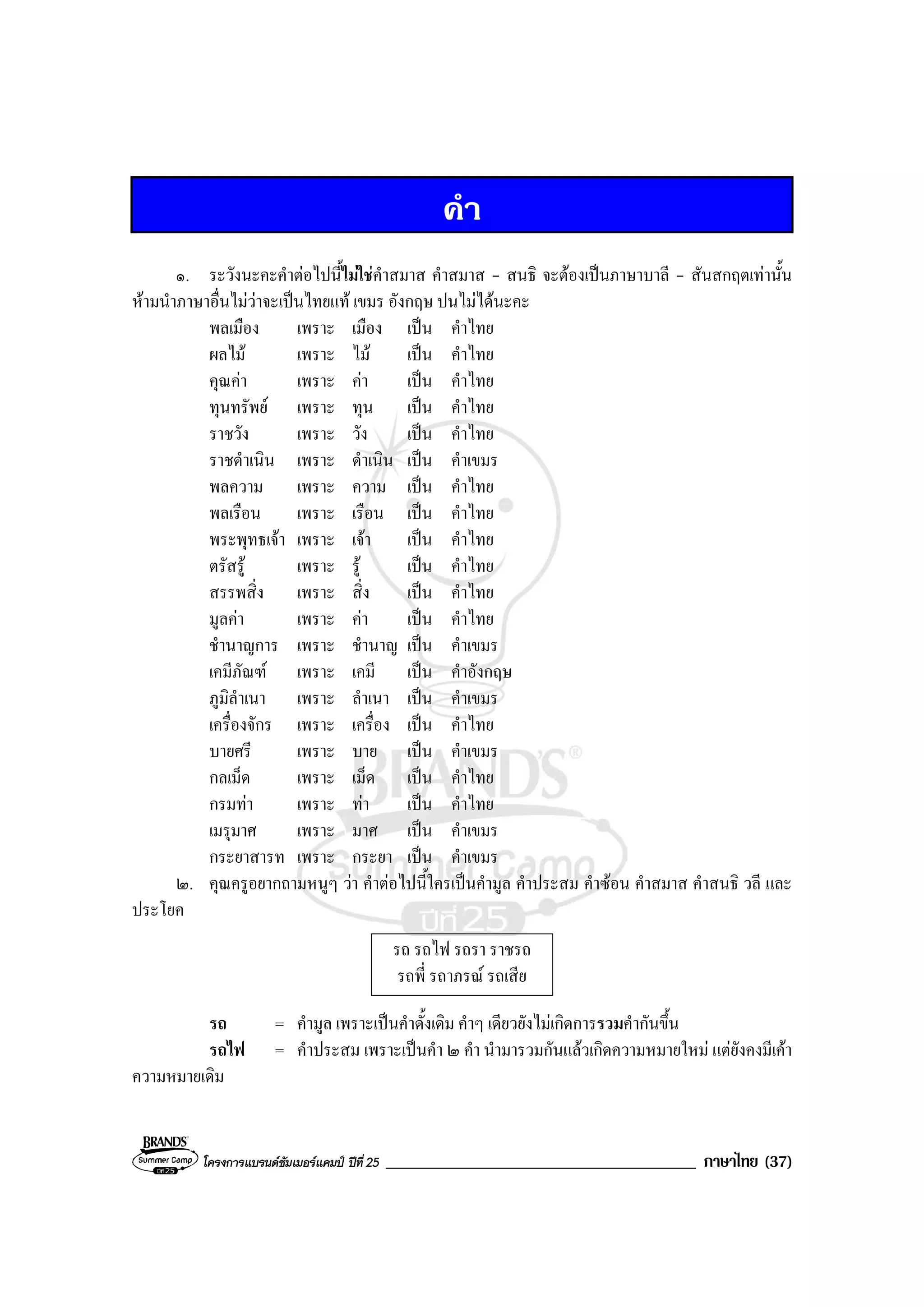 โครงการแบรนดซัมเมอรแคมป ปที่ 25 _____________________________________ ภาษาไทย (37)
คํา
๑. ระวังนะคะคําตอไปนี้ไมใชคําสมาส คําสมาส - สนธิ จะตองเปนภาษาบาลี - สันสกฤตเทานั้น
หามนําภาษาอื่นไมวาจะเปนไทยแท เขมร อังกฤษ ปนไมไดนะคะ
พลเมือง เพราะ เมือง เปน คําไทย
ผลไม เพราะ ไม เปน คําไทย
คุณคา เพราะ คา เปน คําไทย
ทุนทรัพย เพราะ ทุน เปน คําไทย
ราชวัง เพราะ วัง เปน คําไทย
ราชดําเนิน เพราะ ดําเนิน เปน คําเขมร
พลความ เพราะ ความ เปน คําไทย
พลเรือน เพราะ เรือน เปน คําไทย
พระพุทธเจา เพราะ เจา เปน คําไทย
ตรัสรู เพราะ รู เปน คําไทย
สรรพสิ่ง เพราะ สิ่ง เปน คําไทย
มูลคา เพราะ คา เปน คําไทย
ชํานาญการ เพราะ ชํานาญ เปน คําเขมร
เคมีภัณฑ เพราะ เคมี เปน คําอังกฤษ
ภูมิลําเนา เพราะ ลําเนา เปน คําเขมร
เครื่องจักร เพราะ เครื่อง เปน คําไทย
บายศรี เพราะ บาย เปน คําเขมร
กลเม็ด เพราะ เม็ด เปน คําไทย
กรมทา เพราะ ทา เปน คําไทย
เมรุมาศ เพราะ มาศ เปน คําเขมร
กระยาสารท เพราะ กระยา เปน คําเขมร
๒. คุณครูอยากถามหนูๆ วา คําตอไปนี้ใครเปนคํามูล คําประสม คําซอน คําสมาส คําสนธิ วลี และ
ประโยค
รถ รถไฟ รถรา ราชรถ
รถพี่ รถาภรณ รถเสีย
รถ = คํามูล เพราะเปนคําดั้งเดิม คําๆ เดียวยังไมเกิดการรวมคํากันขึ้น
รถไฟ = คําประสม เพราะเปนคํา ๒ คํา นํามารวมกันแลวเกิดความหมายใหม แตยังคงมีเคา
ความหมายเดิม
 