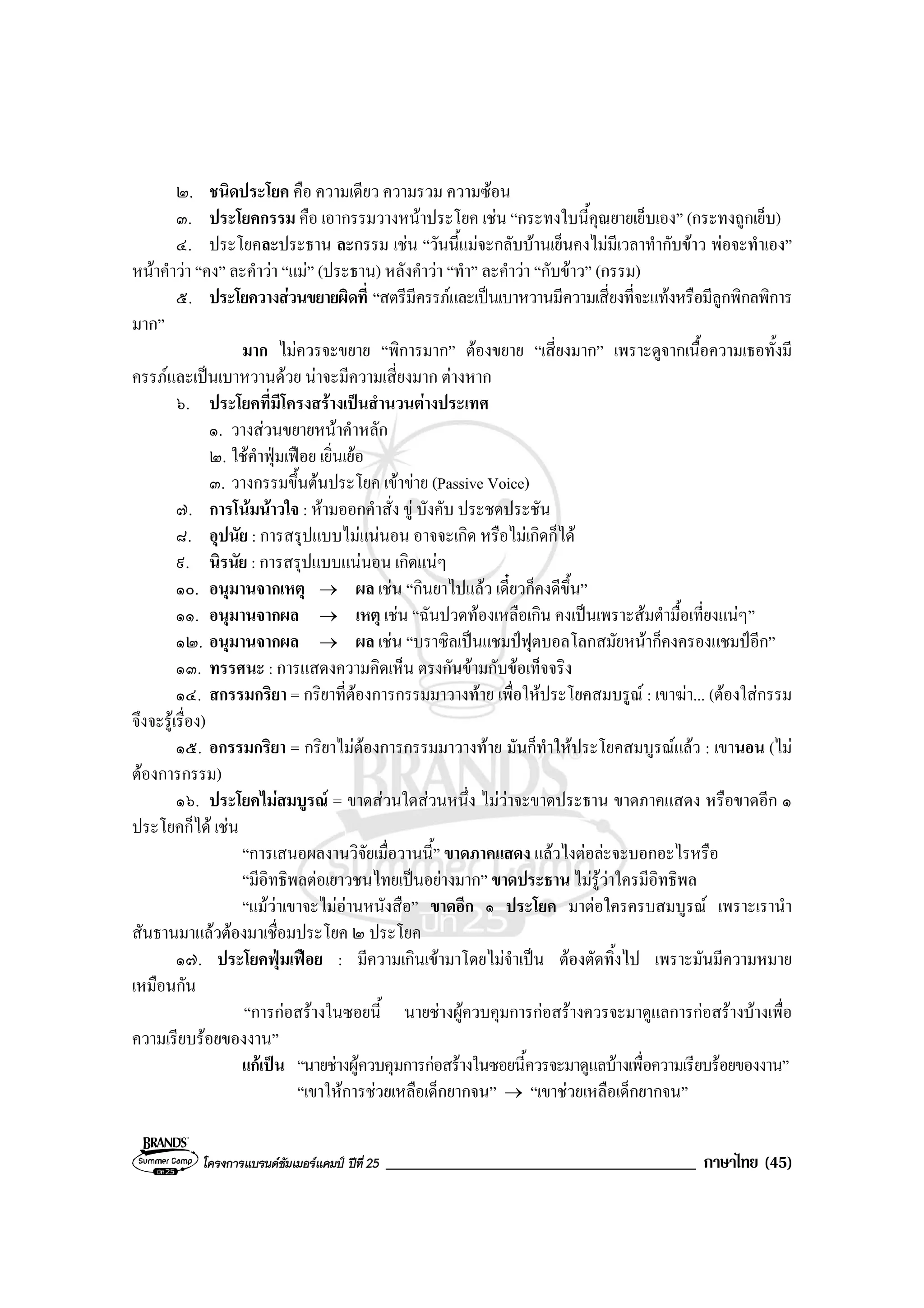 โครงการแบรนดซัมเมอรแคมป ปที่ 25 _____________________________________ ภาษาไทย (45)
๒. ชนิดประโยค คือ ความเดียว ความรวม ความซอน
๓. ประโยคกรรม คือ เอากรรมวางหนาประโยค เชน “กระทงใบนี้คุณยายเย็บเอง” (กระทงถูกเย็บ)
๔. ประโยคละประธาน ละกรรม เชน “วันนี้แมจะกลับบานเย็นคงไมมีเวลาทํากับขาว พอจะทําเอง”
หนาคําวา “คง” ละคําวา “แม” (ประธาน) หลังคําวา “ทํา” ละคําวา “กับขาว” (กรรม)
๕. ประโยควางสวนขยายผิดที่ “สตรีมีครรภและเปนเบาหวานมีความเสี่ยงที่จะแทงหรือมีลูกพิกลพิการ
มาก”
มาก ไมควรจะขยาย “พิการมาก” ตองขยาย “เสี่ยงมาก” เพราะดูจากเนื้อความเธอทั้งมี
ครรภและเปนเบาหวานดวย นาจะมีความเสี่ยงมาก ตางหาก
๖. ประโยคที่มีโครงสรางเปนสํานวนตางประเทศ
๑. วางสวนขยายหนาคําหลัก
๒. ใชคําฟุมเฟอย เยิ่นเยอ
๓. วางกรรมขึ้นตนประโยค เขาขาย (Passive Voice)
๗. การโนมนาวใจ : หามออกคําสั่ง ขู บังคับ ประชดประชัน
๘. อุปนัย : การสรุปแบบไมแนนอน อาจจะเกิด หรือไมเกิดก็ได
๙. นิรนัย : การสรุปแบบแนนอน เกิดแนๆ
๑๐. อนุมานจากเหตุ → ผล เชน “กินยาไปแลว เดี๋ยวก็คงดีขึ้น”
๑๑. อนุมานจากผล → เหตุ เชน “ฉันปวดทองเหลือเกิน คงเปนเพราะสมตํามื้อเที่ยงแนๆ”
๑๒. อนุมานจากผล → ผล เชน “บราซิลเปนแชมปฟุตบอลโลกสมัยหนาก็คงครองแชมปอีก”
๑๓. ทรรศนะ : การแสดงความคิดเห็น ตรงกันขามกับขอเท็จจริง
๑๔. สกรรมกริยา = กริยาที่ตองการกรรมมาวางทาย เพื่อใหประโยคสมบรูณ : เขาฆา... (ตองใสกรรม
จึงจะรูเรื่อง)
๑๕. อกรรมกริยา = กริยาไมตองการกรรมมาวางทาย มันก็ทําใหประโยคสมบูรณแลว : เขานอน (ไม
ตองการกรรม)
๑๖. ประโยคไมสมบูรณ = ขาดสวนใดสวนหนึ่ง ไมวาจะขาดประธาน ขาดภาคแสดง หรือขาดอีก ๑
ประโยคก็ได เชน
“การเสนอผลงานวิจัยเมื่อวานนี้” ขาดภาคแสดง แลวไงตอละจะบอกอะไรหรือ
“มีอิทธิพลตอเยาวชนไทยเปนอยางมาก” ขาดประธาน ไมรูวาใครมีอิทธิพล
“แมวาเขาจะไมอานหนังสือ” ขาดอีก ๑ ประโยค มาตอใครครบสมบูรณ เพราะเรานํา
สันธานมาแลวตองมาเชื่อมประโยค ๒ ประโยค
๑๗. ประโยคฟุมเฟอย : มีความเกินเขามาโดยไมจําเปน ตองตัดทิ้งไป เพราะมันมีความหมาย
เหมือนกัน
“การกอสรางในซอยนี้ นายชางผูควบคุมการกอสรางควรจะมาดูแลการกอสรางบางเพื่อ
ความเรียบรอยของงาน”
แกเปน “นายชางผูควบคุมการกอสรางในซอยนี้ควรจะมาดูแลบางเพื่อความเรียบรอยของงาน”
“เขาใหการชวยเหลือเด็กยากจน” → “เขาชวยเหลือเด็กยากจน”
 
