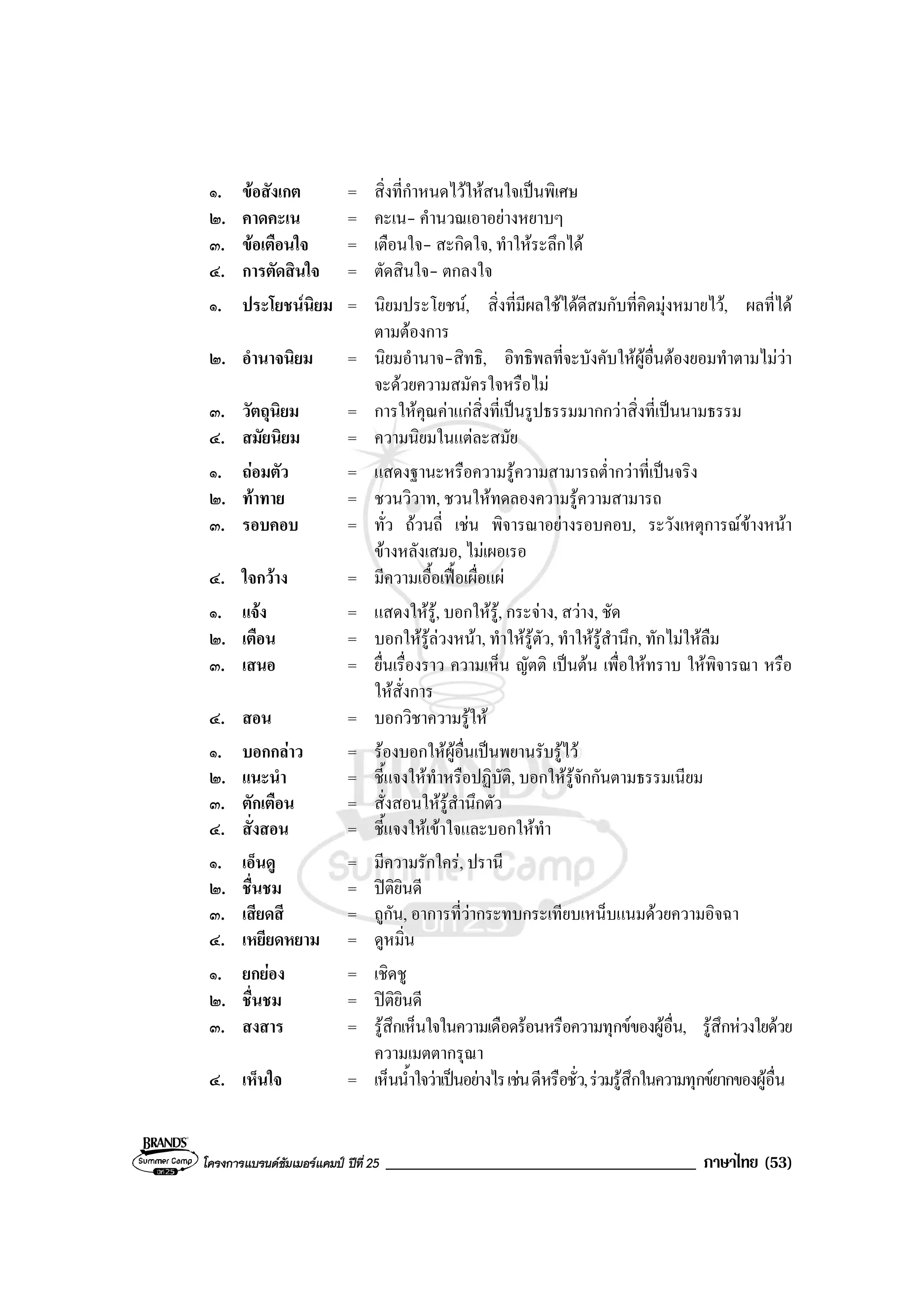 โครงการแบรนดซัมเมอรแคมป ปที่ 25 _____________________________________ ภาษาไทย (53)
๑. ขอสังเกต = สิ่งที่กําหนดไวใหสนใจเปนพิเศษ
๒. คาดคะเน = คะเน- คํานวณเอาอยางหยาบๆ
๓. ขอเตือนใจ = เตือนใจ- สะกิดใจ, ทําใหระลึกได
๔. การตัดสินใจ = ตัดสินใจ- ตกลงใจ
๑. ประโยชนนิยม = นิยมประโยชน, สิ่งที่มีผลใชไดดีสมกับที่คิดมุงหมายไว, ผลที่ได
ตามตองการ
๒. อํานาจนิยม = นิยมอํานาจ-สิทธิ, อิทธิพลที่จะบังคับใหผูอื่นตองยอมทําตามไมวา
จะดวยความสมัครใจหรือไม
๓. วัตถุนิยม = การใหคุณคาแกสิ่งที่เปนรูปธรรมมากกวาสิ่งที่เปนนามธรรม
๔. สมัยนิยม = ความนิยมในแตละสมัย
๑. ถอมตัว = แสดงฐานะหรือความรูความสามารถต่ํากวาที่เปนจริง
๒. ทาทาย = ชวนวิวาท, ชวนใหทดลองความรูความสามารถ
๓. รอบคอบ = ทั่ว ถวนถี่ เชน พิจารณาอยางรอบคอบ, ระวังเหตุการณขางหนา
ขางหลังเสมอ, ไมเผอเรอ
๔. ใจกวาง = มีความเอื้อเฟอเผื่อแผ
๑. แจง = แสดงใหรู, บอกใหรู, กระจาง, สวาง, ชัด
๒. เตือน = บอกใหรูลวงหนา, ทําใหรูตัว, ทําใหรูสํานึก, ทักไมใหลืม
๓. เสนอ = ยื่นเรื่องราว ความเห็น ญัตติ เปนตน เพื่อใหทราบ ใหพิจารณา หรือ
ใหสั่งการ
๔. สอน = บอกวิชาความรูให
๑. บอกกลาว = รองบอกใหผูอื่นเปนพยานรับรูไว
๒. แนะนํา = ชี้แจงใหทําหรือปฏิบัติ, บอกใหรูจักกันตามธรรมเนียม
๓. ตักเตือน = สั่งสอนใหรูสํานึกตัว
๔. สั่งสอน = ชี้แจงใหเขาใจและบอกใหทํา
๑. เอ็นดู = มีความรักใคร, ปรานี
๒. ชื่นชม = ปติยินดี
๓. เสียดสี = ถูกัน, อาการที่วากระทบกระเทียบเหน็บแนมดวยความอิจฉา
๔. เหยียดหยาม = ดูหมิ่น
๑. ยกยอง = เชิดชู
๒. ชื่นชม = ปติยินดี
๓. สงสาร = รูสึกเห็นใจในความเดือดรอนหรือความทุกขของผูอื่น, รูสึกหวงใยดวย
ความเมตตากรุณา
๔. เห็นใจ = เห็นน้ําใจวาเปนอยางไรเชนดีหรือชั่ว,รวมรูสึกในความทุกขยากของผูอื่น
 