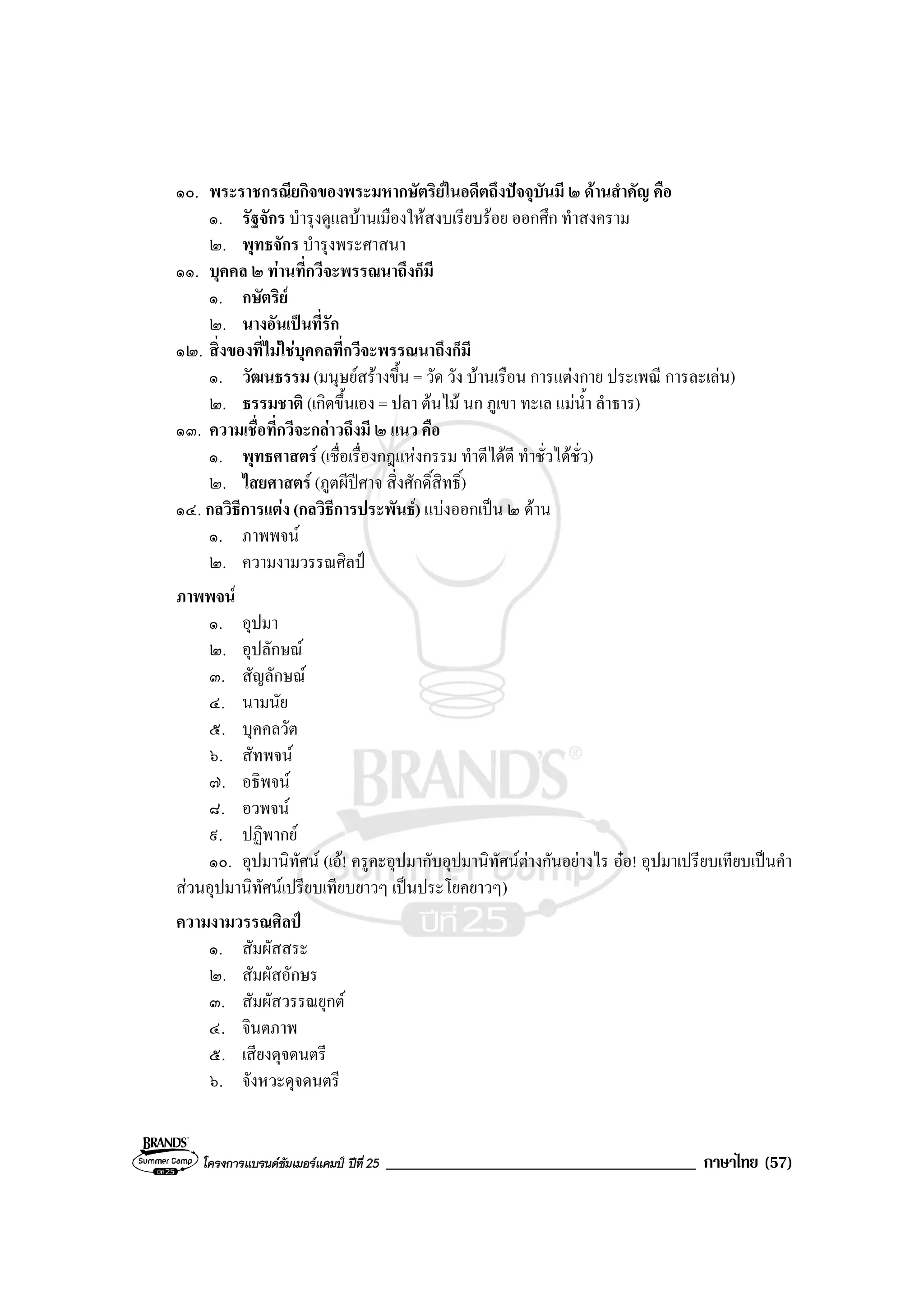 โครงการแบรนดซัมเมอรแคมป ปที่ 25 _____________________________________ ภาษาไทย (57)
๑๐. พระราชกรณียกิจของพระมหากษัตริยในอดีตถึงปจจุบันมี ๒ ดานสําคัญ คือ
๑. รัฐจักร บํารุงดูแลบานเมืองใหสงบเรียบรอย ออกศึก ทําสงคราม
๒. พุทธจักร บํารุงพระศาสนา
๑๑. บุคคล ๒ ทานที่กวีจะพรรณนาถึงก็มี
๑. กษัตริย
๒. นางอันเปนที่รัก
๑๒. สิ่งของที่ไมใชบุคคลที่กวีจะพรรณนาถึงก็มี
๑. วัฒนธรรม (มนุษยสรางขึ้น = วัด วัง บานเรือน การแตงกาย ประเพณี การละเลน)
๒. ธรรมชาติ (เกิดขึ้นเอง = ปลา ตนไม นก ภูเขา ทะเล แมน้ํา ลําธาร)
๑๓. ความเชื่อที่กวีจะกลาวถึงมี ๒ แนว คือ
๑. พุทธศาสตร (เชื่อเรื่องกฎแหงกรรม ทําดีไดดี ทําชั่วไดชั่ว)
๒. ไสยศาสตร (ภูตผีปศาจ สิ่งศักดิ์สิทธิ์)
๑๔. กลวิธีการแตง (กลวิธีการประพันธ) แบงออกเปน ๒ ดาน
๑. ภาพพจน
๒. ความงามวรรณศิลป
ภาพพจน
๑. อุปมา
๒. อุปลักษณ
๓. สัญลักษณ
๔. นามนัย
๕. บุคคลวัต
๖. สัทพจน
๗. อธิพจน
๘. อวพจน
๙. ปฏิพากย
๑๐. อุปมานิทัศน (เอ! ครูคะอุปมากับอุปมานิทัศนตางกันอยางไร ออ! อุปมาเปรียบเทียบเปนคํา
สวนอุปมานิทัศนเปรียบเทียบยาวๆ เปนประโยคยาวๆ)
ความงามวรรณศิลป
๑. สัมผัสสระ
๒. สัมผัสอักษร
๓. สัมผัสวรรณยุกต
๔. จินตภาพ
๕. เสียงดุจดนตรี
๖. จังหวะดุจดนตรี
 