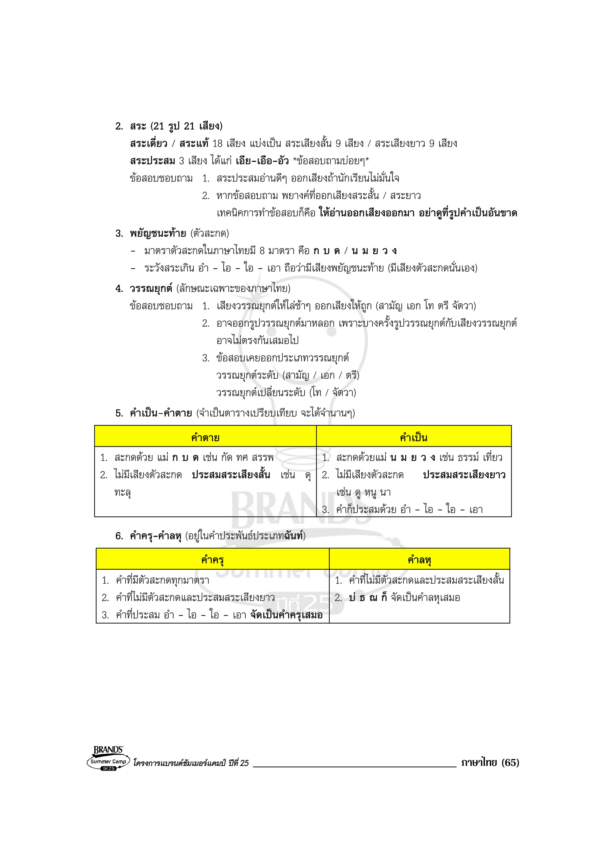 โครงการแบรนดซัมเมอรแคมป ปที่ 25 _____________________________________ ภาษาไทย (65)
2. สระ (21 รูป 21 เสียง)
สระเดี่ยว / สระแท 18 เสียง แบงเปน สระเสียงสั้น 9 เสียง / สระเสียงยาว 9 เสียง
สระประสม 3 เสียง ไดแก เอีย-เอือ-อัว *ขอสอบถามบอยๆ*
ขอสอบชอบถาม 1. สระประสมอานดีๆ ออกเสียงถานักเรียนไมมั่นใจ
2. หากขอสอบถาม พยางคที่ออกเสียงสระสั้น / สระยาว
เทคนิคการทําขอสอบก็คือ ใหอานออกเสียงออกมา อยาดูที่รูปคําเปนอันขาด
3. พยัญชนะทาย (ตัวสะกด)
- มาตราตัวสะกดในภาษาไทยมี 8 มาตรา คือ ก บ ด / น ม ย ว ง
- ระวังสระเกิน อํา - ไอ - ใอ - เอา ถือวามีเสียงพยัญชนะทาย (มีเสียงตัวสะกดนั่นเอง)
4. วรรณยุกต (ลักษณะเฉพาะของภาษาไทย)
ขอสอบชอบถาม 1. เสียงวรรณยุกตใหไลชาๆ ออกเสียงใหถูก (สามัญ เอก โท ตรี จัตวา)
2. อาจออกรูปวรรณยุกตมาหลอก เพราะบางครั้งรูปวรรณยุกตกับเสียงวรรณยุกต
อาจไมตรงกันเสมอไป
3. ขอสอบเคยออกประเภทวรรณยุกต
วรรณยุกตระดับ (สามัญ / เอก / ตรี)
วรรณยุกตเปลี่ยนระดับ (โท / จัตวา)
5. คําเปน-คําตาย (จําเปนตารางเปรียบเทียบ จะไดจํานานๆ)
คําตาย คําเปน
1. สะกดดวย แม ก บ ด เชน กัด ทศ สรรพ
2. ไมมีเสียงตัวสะกด ประสมสระเสียงสั้น เชน ดุ
ทะลุ
1. สะกดดวยแม น ม ย ว ง เชน ธรรม เที่ยว
2. ไมมีเสียงตัวสะกด ประสมสระเสียงยาว
เชน ดู หนู นา
3. คําก็ประสมดวย อํา - ไอ - ใอ - เอา
6. คําครุ-คําลหุ (อยูในคําประพันธประเภทฉันท)
คําครุ คําลหุ
1. คําที่มีตัวสะกดทุกมาตรา
2. คําที่ไมมีตัวสะกดและประสมสระเสียงยาว
3. คําที่ประสม อํา - ไอ - ใอ - เอา จัดเปนคําครุเสมอ
1. คําที่ไมมีตัวสะกดและประสมสระเสียงสั้น
2. บ ธ ณ ก็ จัดเปนคําลหุเสมอ
 