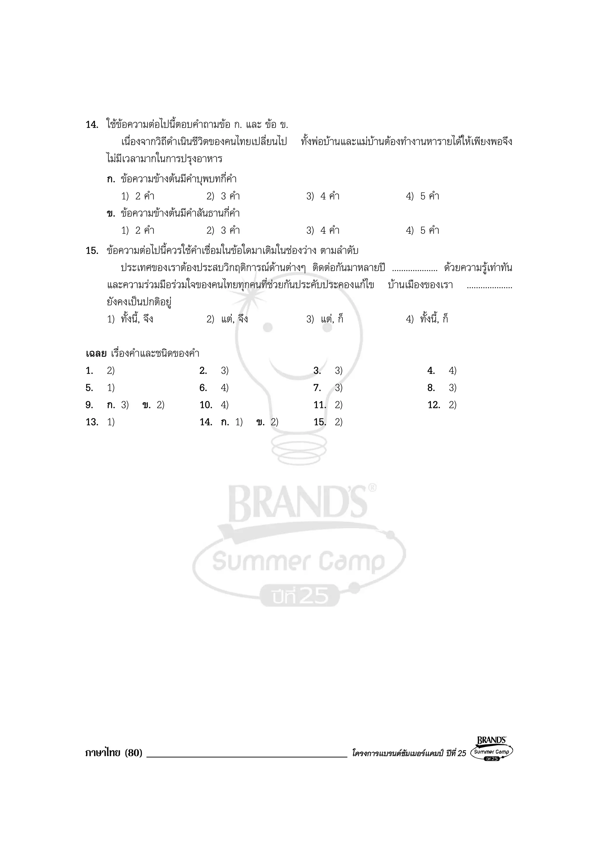 ภาษาไทย (80) _____________________________________ โครงการแบรนดซัมเมอรแคมป ปที่ 25
14. ใชขอความตอไปนี้ตอบคําถามขอ ก. และ ขอ ข.
เนื่องจากวิถีดําเนินชีวิตของคนไทยเปลี่ยนไป ทั้งพอบานและแมบานตองทํางานหารายไดใหเพียงพอจึง
ไมมีเวลามากในการปรุงอาหาร
ก. ขอความขางตนมีคําบุพบทกี่คํา
1) 2 คํา 2) 3 คํา 3) 4 คํา 4) 5 คํา
ข. ขอความขางตนมีคําสันธานกี่คํา
1) 2 คํา 2) 3 คํา 3) 4 คํา 4) 5 คํา
15. ขอความตอไปนี้ควรใชคําเชื่อมในขอใดมาเติมในชองวาง ตามลําดับ
ประเทศของเราตองประสบวิกฤติการณดานตางๆ ติดตอกันมาหลายป .................... ดวยความรูเทาทัน
และความรวมมือรวมใจของคนไทยทุกคนที่ชวยกันประคับประคองแกไข บานเมืองของเรา ....................
ยังคงเปนปกติอยู
1) ทั้งนี้, จึง 2) แต, จึง 3) แต, ก็ 4) ทั้งนี้, ก็
เฉลย เรื่องคําและชนิดของคํา
1. 2) 2. 3) 3. 3) 4. 4)
5. 1) 6. 4) 7. 3) 8. 3)
9. ก. 3) ข. 2) 10. 4) 11. 2) 12. 2)
13. 1) 14. ก. 1) ข. 2) 15. 2)
 