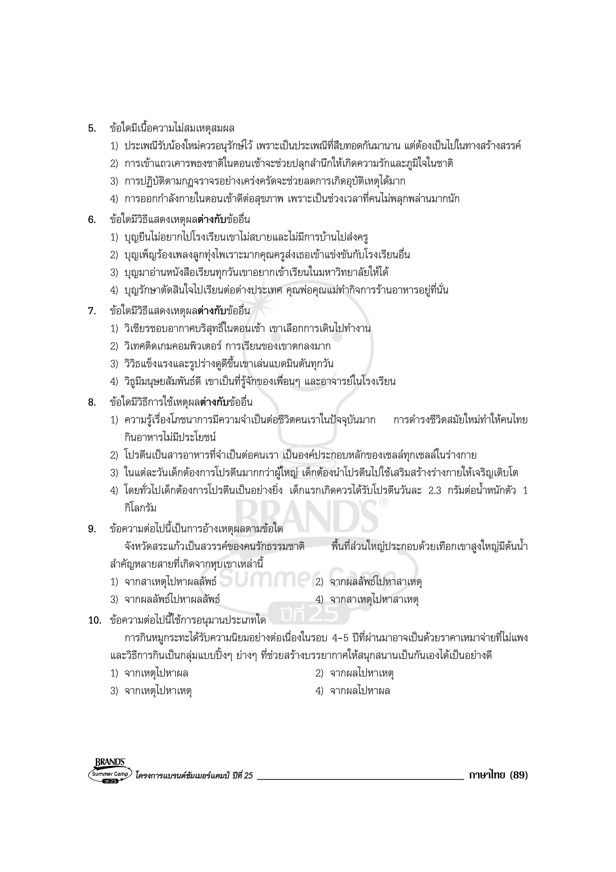 โครงการแบรนดซัมเมอรแคมป ปที่ 25 _____________________________________ ภาษาไทย (89)
5. ขอใดมีเนื้อความไมสมเหตุสมผล
1) ประเพณีรับนองใหมควรอนุรักษไว เพราะเปนประเพณีที่สืบทอดกันมานาน แตตองเปนไปในทางสรางสรรค
2) การเขาแถวเคารพธงชาติในตอนเชาจะชวยปลุกสํานึกใหเกิดความรักและภูมิใจในชาติ
3) การปฏิบัติตามกฎจราจรอยางเครงครัดจะชวยลดการเกิดอุบัติเหตุไดมาก
4) การออกกําลังกายในตอนเชาดีตอสุขภาพ เพราะเปนชวงเวลาที่คนไมพลุกพลานมากนัก
6. ขอใดมีวิธีแสดงเหตุผลตางกับขออื่น
1) บุญยืนไมอยากไปโรงเรียนเขาไมสบายและไมมีการบานไปสงครู
2) บุญเพ็ญรองเพลงลูกทุงไพเราะมากคุณครูสงเธอเขาแขงขันกับโรงเรียนอื่น
3) บุญมาอานหนังสือเรียนทุกวันเขาอยากเขาเรียนในมหาวิทยาลัยใหได
4) บุญรักษาตัดสินใจไปเรียนตอตางประเทศ คุณพอคุณแมทํากิจการรานอาหารอยูที่นั่น
7. ขอใดมีวิธีแสดงเหตุผลตางกับขออื่น
1) วิเชียรชอบอากาศบริสุทธิ์ในตอนเชา เขาเลือกการเดินไปทํางาน
2) วิเทศติดเกมคอมพิวเตอร การเรียนของเขาตกลงมาก
3) วิวิธแข็งแรงและรูปรางดูดีขึ้นเขาเลนแบดมินตันทุกวัน
4) วิธูมีมนุษยสัมพันธดี เขาเปนที่รูจักของเพื่อนๆ และอาจารยในโรงเรียน
8. ขอใดมีวิธีการใชเหตุผลตางกับขออื่น
1) ความรูเรื่องโภชนาการมีความจําเปนตอชีวิตคนเราในปจจุบันมาก การดํารงชีวิตสมัยใหมทําใหคนไทย
กินอาหารไมมีประโยชน
2) โปรตีนเปนสารอาหารที่จําเปนตอคนเรา เปนองคประกอบหลักของเซลลทุกเซลลในรางกาย
3) ในแตละวันเด็กตองการโปรตีนมากกวาผูใหญ เด็กตองนําโปรตีนไปใชเสริมสรางรางกายใหเจริญเติบโต
4) โดยทั่วไปเด็กตองการโปรตีนเปนอยางยิ่ง เด็กแรกเกิดควรไดรับโปรตีนวันละ 2.3 กรัมตอน้ําหนักตัว 1
กิโลกรัม
9. ขอความตอไปนี้เปนการอางเหตุผลตามขอใด
จังหวัดสระแกวเปนสวรรคของคนรักธรรมชาติ พื้นที่สวนใหญประกอบดวยเทือกเขาสูงใหญมีตนน้ํา
สําคัญหลายสายที่เกิดจากหุบเขาเหลานี้
1) จากสาเหตุไปหาผลลัพธ 2) จากผลลัพธไปหาสาเหตุ
3) จากผลลัพธไปหาผลลัพธ 4) จากสาเหตุไปหาสาเหตุ
10. ขอความตอไปนี้ใชการอนุมานประเภทใด
การกินหมูกระทะไดรับความนิยมอยางตอเนื่องในรอบ 4-5 ปที่ผานมาอาจเปนดวยราคาเหมาจายที่ไมแพง
และวิธีการกินเปนกลุมแบบปงๆ ยางๆ ที่ชวยสรางบรรยากาศใหสนุกสนานเปนกันเองไดเปนอยางดี
1) จากเหตุไปหาผล 2) จากผลไปหาเหตุ
3) จากเหตุไปหาเหตุ 4) จากผลไปหาผล
 