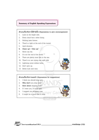 โครงการแบรนดซัมเมอรแคมป ปที่ 25 __________________________________ภาษาอังกฤษ (155)
Summary of English Speaking Expressions
สํานวนเกี่ยวกับการใหกําลังใจ (Expressions to give encouragement)
1. Look on the bright side.
2. Every cloud has a silver lining.
3. Nothing lasts forever.
4. There’s a light at the end of the tunnel.
5. April showers.
6. Cheer up! / Chin up!
7. Never say die.
8. It’s not the end of the world.
9. There are plenty more fish in the sea.
10. There’s no use crying over spilt milk.
11. Lightning never strikes twice.
12. Don’t give up.
13. Better luck next time.
สํานวนเกี่ยวกับการแนะนํา (Expressions for suggestions)
1. I think you should stop now.
2. Why don’t you stop now?
3. How about stopping now?
4. If I were you, I’d stop now.
5. I suggest you stopping now.
6. It might be a good idea to stop.
 