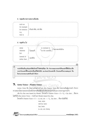 โครงการแบรนดซัมเมอรแคมป ปที่ 25 __________________________________ภาษาอังกฤษ (197)
8. กลุมอธิบายความหมายเพิ่มเติม
such as
for example
for instance
e.g.
that is
9. กลุมทั่วๆ ไป
while in contrast to
whereas on the contrary
but
instead of
rather than
จากตัวเชื่อมที่ครูเกสรุปมาใหนักเรียนนี้ สิ่งสําคัญที่สุด คือ จําความหมายของคําเชื่อมเหลานี้ใหไดและเมื่อ
พบประโยคเหลานี้ก็ลองนําคําเชื่อมที่ใหมาไปใส และอานประโยคเหลานั้น ถาแปลแลวใจความสมบูรณ คือ
ถือวาเราประสบความสําเร็จแลว ไชโย!!!
7. Active Voices - Passive Voices
Active Voice คือ ประธานเปนผูกระทําเอง สวน Passive Voice คือ ประธานเปนผูถูกกระทํา ถาหาก
ความหมายโดยรวมของประโยคมีประธานที่ไมไดกระทํากริยาตางๆ ดวยตนเอง (ประธานถูกกระทํา)
เชน Kru Kae was kissed by Weekit. (โครงสราง Passive Voice = S + V3 + (by doer ... ซึ่งอาจ
ไมมีก็ได) สวน Active Voice - กระทําเอง Weekit kissed Kru Kae.
โครงสราง Passive Voice = S + is, am, are + V3 (by doer ... ซึ่งอาจไมมีก็ได)
was, were
will be, have
has, been
is, am, are, being
ตัวอยางคือ, กลาวคือ
ในขณะที่
แทนที่จะ
ในทางตรงกันขาม
 