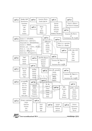 โครงการแบรนดซัมเมอรแคมป ปที่ 25 __________________________________ภาษาอังกฤษ (221)
ฉับพลัน, ทันที
Spontaneous
Immediate
Instant
Jiffy
Flash
Trice
Sudden
ชุดที่ 24
Similar to = คลายคลึงกับ...
Different from = แตกตางจาก...
Responsible for = มีสวนในเรื่องของ...
Decide to = ตัดสินใจ...
Between...and... = ระหวาง... (กับ/และ...)
From...to... = จาก...ถึง...
Based on = มีพื้นฐานมาจาก...
Derive from = มีรากฐานมาจาก...
ชุดที่ 25
ชุดที่ 26 โจมตี
Assault
Assail
Attack
เร็วๆ ไวๆ
Rapid
Quick
Speedy
Fast
ชุดที่ 27
ปรากฏเกิดขึ้น
Emerge
Turn out
Become
Happen
Occur
Befall
Take place
ชุดที่ 28
เปาหมาย, จุดประสงค
Target
Objective
Purpose
Aim
Goal
ชุดที่ 29
ชุดที่ 30 Quantity ปริมาณ
Quality คุณภาพ
Whole
All
Entire
ทั้งหมด
ชุดที่ 31
เปลี่ยนแปลง
Alter
Modify
Qualify
Switch
Shift
ชุดที่ 32
เรียกรอง, ตองการ
Demand
Request
Require
Desire
ชุดที่ 33
สวนใหญ
Mainly
Largely
Mostly
Chiefly
ชุดที่ 34
เปนไปได
Likely
Potential
Possible
Probable
Prospective
ชุดที่ 35
Stroll
Stalk
Walk
เดิน
ชุดที่ 36
ชุดที่ 38
Thank to เนื่องจาก
แต thank for ขอบคุณ
Specific
Special
Especial
Particular
Peculiar
เปนพิเศษ, โดยเฉพาะ
ชุดที่ 37
ชุดที่ 40
Effect (n.) = ผลกระทบ
Affect (v.) = มีผลตอ...
ยกเลิก, หยุด, ชะงัก
Stop
Pause
Halt
Quit
Cease
ชุดที่ 41
ชุดที่ 42
Evolution คือ วิวัฒนาการ
แต
Revolution คือ การปฏิวัติ
นานๆ ครั้ง, แทบจะไม
Hardly
Scarcely
Barely
Rarely
Seldom
ชุดที่ 43
จับ, ยึด
Capture
Catch
Snatch
Grab
Grasp
Seize
ชุดที่ 44
ชุดที่ 46
Evolution คือ วิวัฒนาการ
แต
Revolution คือ การปฏิวัติ
ถูกตอง, แนนอน
Exact
Definite
Correct
Accurate
Precise
ชุดที่ 47
Include
รวมไปถึง แต
Exclude
แยกจาก
ชุดที่ 48 Chance
Opportunity
Occasion
โอกาส
ชุดที่ 49
ชุดที่ 39
Temporary คือ ชั่วคราว
แต
Contemporary คือ รวมสมัย
ไดรับ
Acquire
Get
Gain
Obtain
Receive
ชุดที่ 45
 